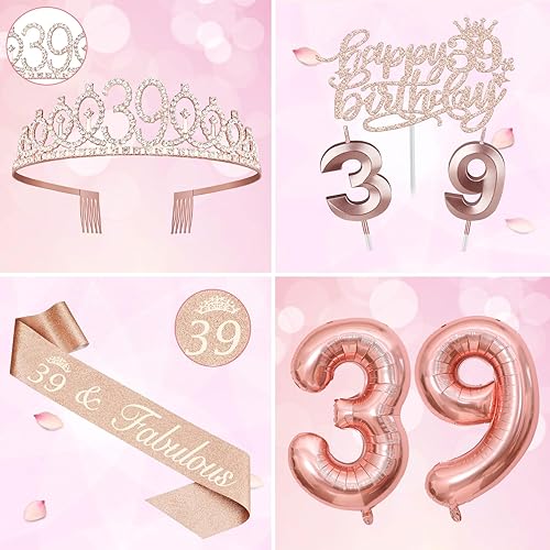 Miniatura 332 de Decoraciones de cumpleaños número 17 para niña, incluyendo tiara y banda de cumpleaños de 17, decoración para pastel y velas, globos de números