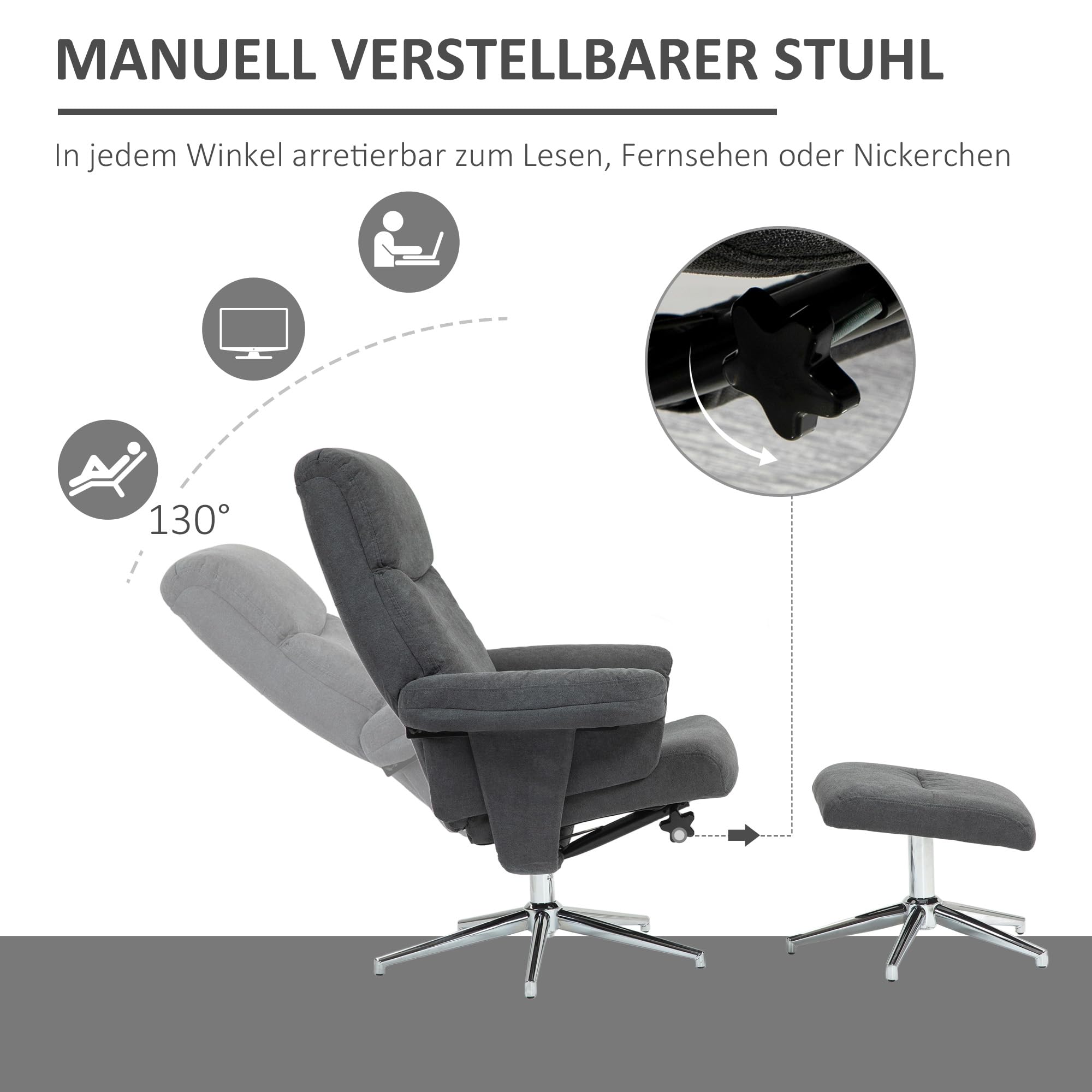 HOMCOM Relaxsessel mit Hocker Fernsehsessel mit Liegefunktion Dunkelgrau