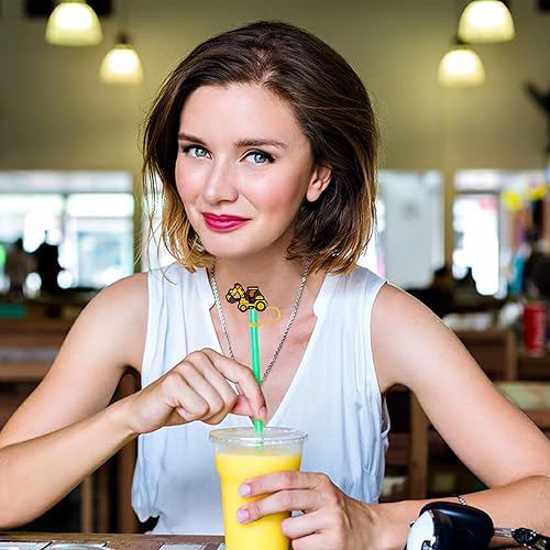 Miniatura 3 de Mortd 12 tapas de paja de construcción, casco excavadora excavadora, topadora de silicona reutilizable para pajitas de 0.315 a 0.315 pulgadas,