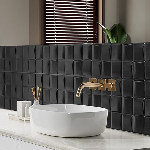 Miniatura 8 de 20 paneles de pared 3D para despegar y pegar de 13.7 x 13.7 pulgadas, papel tapiz de ladrillo negro para paredes, azulejos de pared 3D, papel tapiz