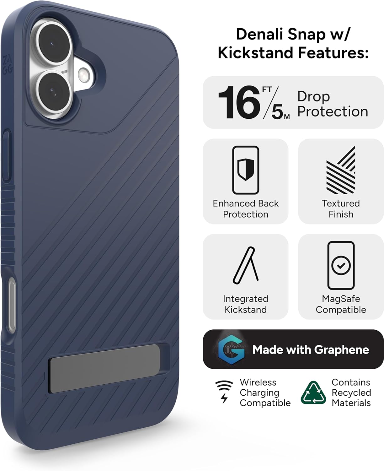 ZAGG Denali Snap with Kickstand Case for iPhone 16 Plus - 16ft Drop Protection, MagSafe & Wireless Charging Compatible, Graphene Reinforced, Dual Layer Protection, Recycled Materials, Navy Blue