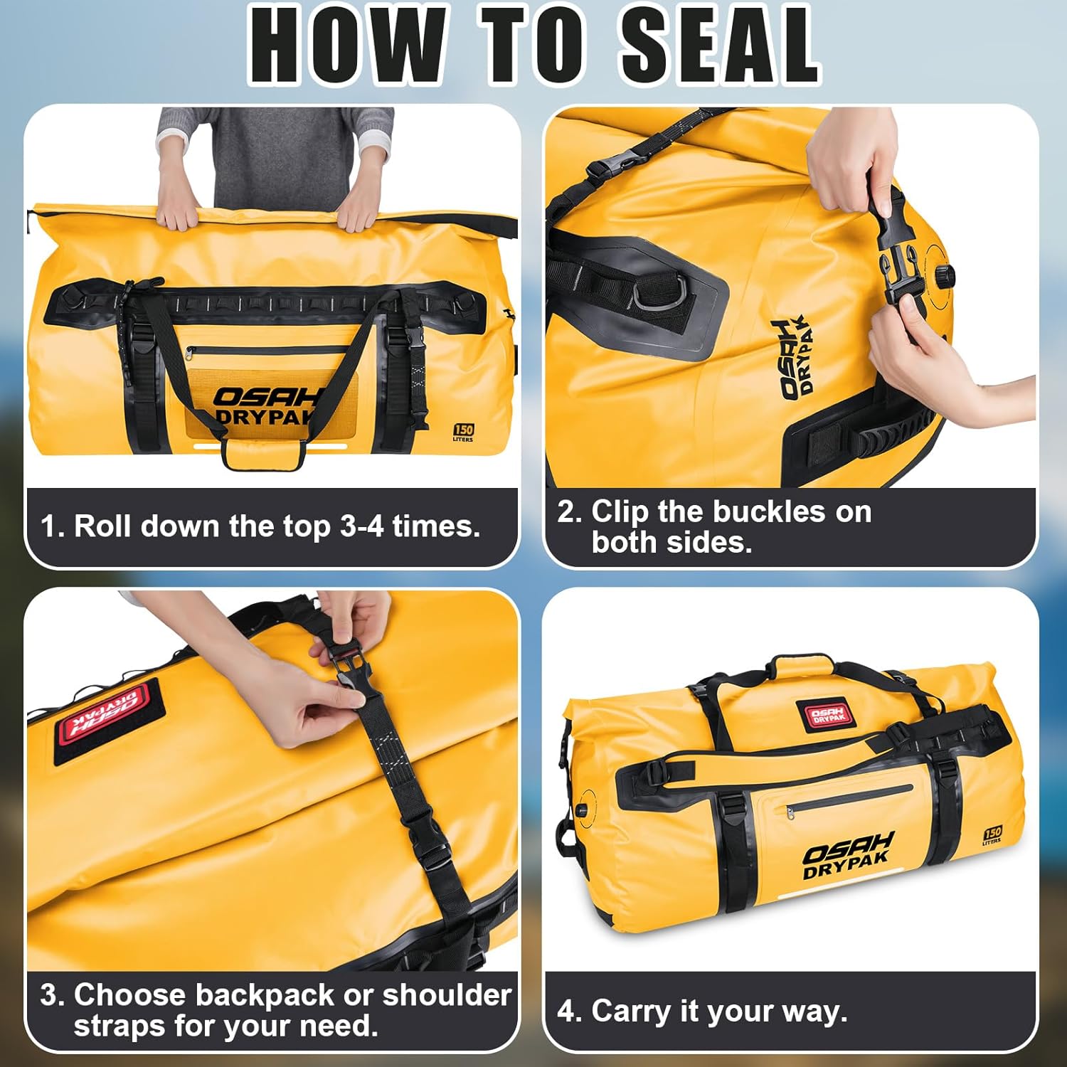 OSAH DRYPAK Waterproof Duffel bag Roll-Top Travel Duffel Bag Heavy Duty Waterproof Bag with Straps & Handles 90L/120L/150L for Camping, Boating, Traveling, Motorcycling, Hunting
