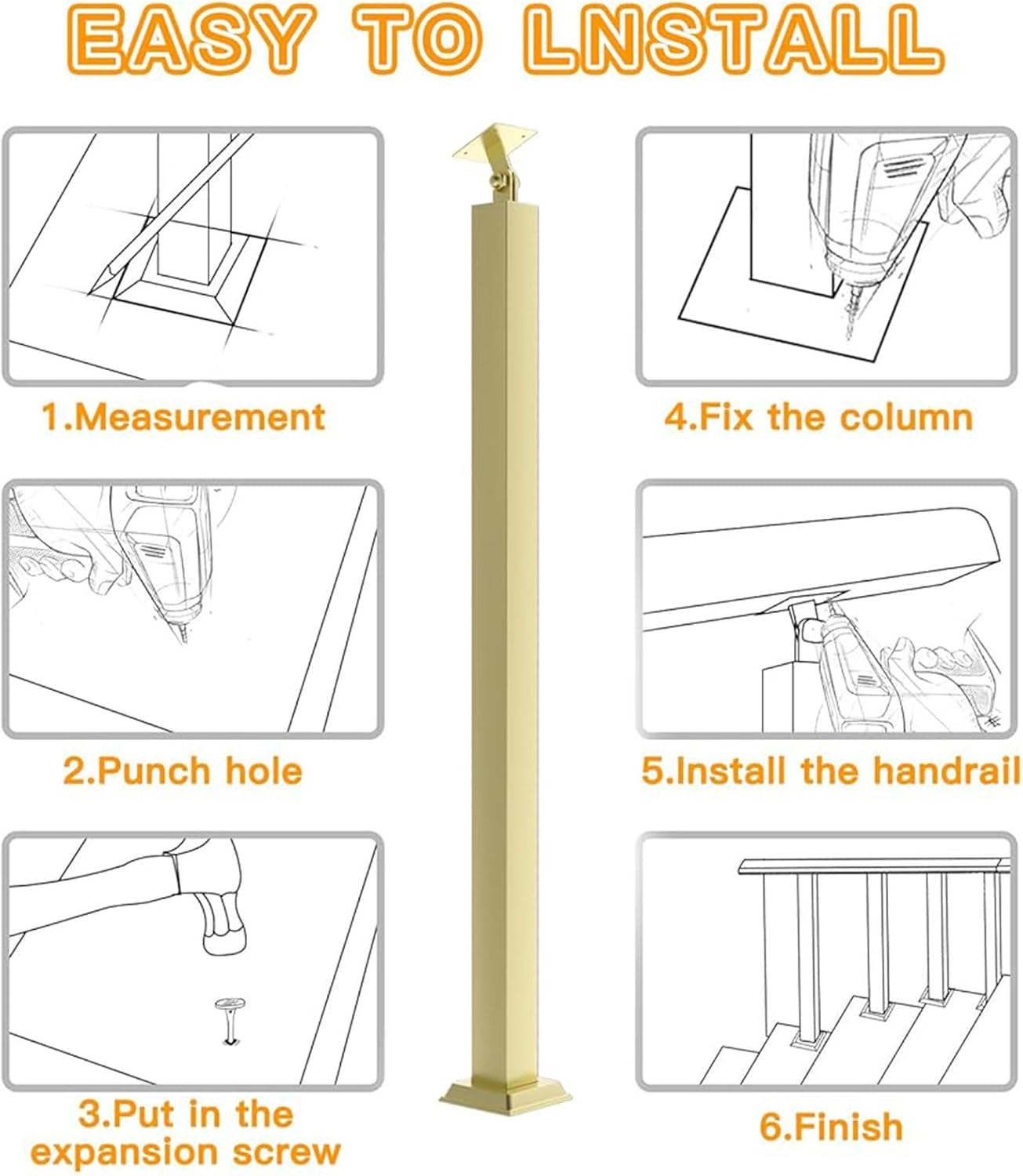 Iron Stair Railing Spindles - 2 Pack Square Baluster Posts (75-100cm, 85cm/33.5in) - Gold Handrail Columns for Indoor Staircases, Steps & Balconies (Glod 75cm/29.5in)