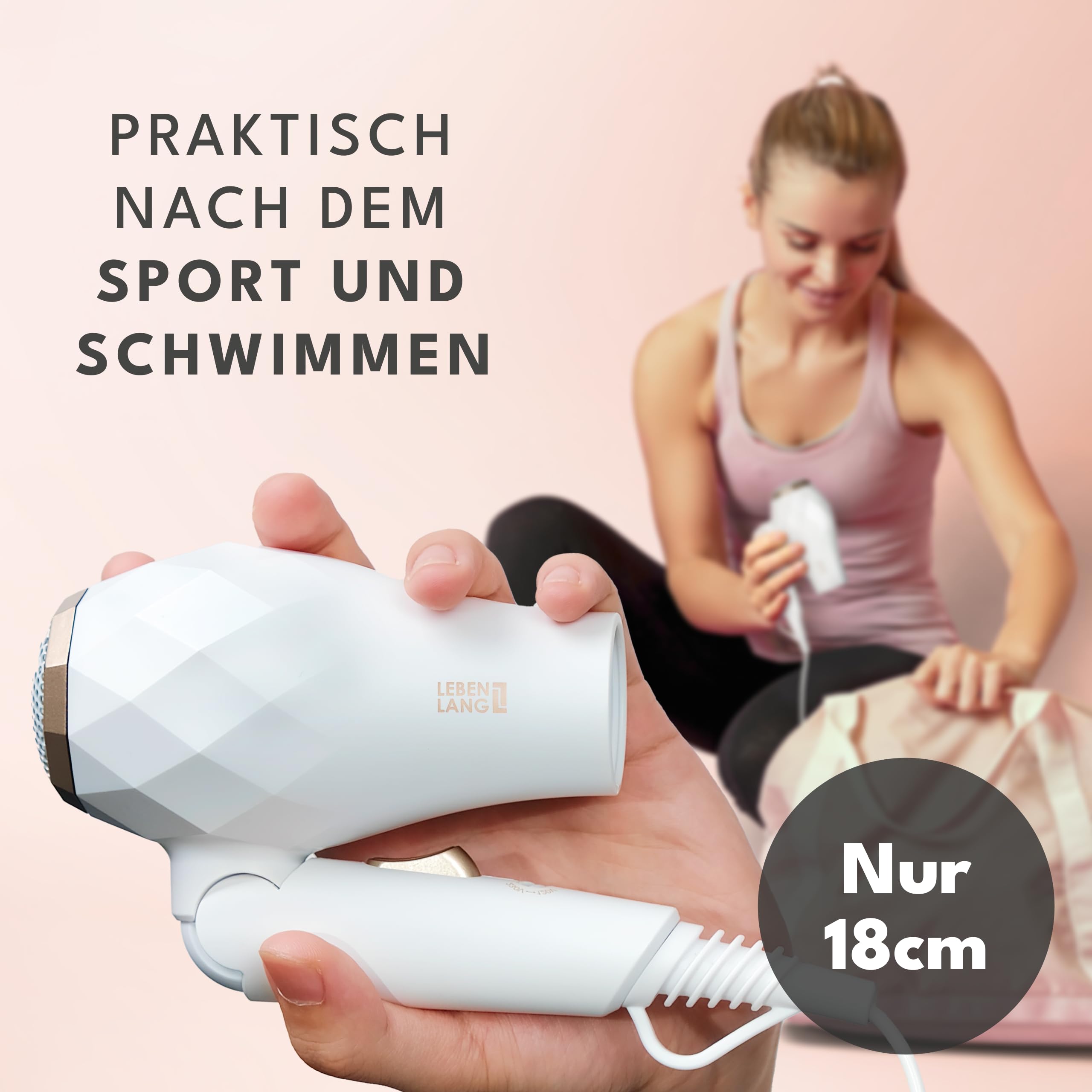 LEBENLANG Reisefön klappbar klein - Duale Spannung & Inkl. Reisetasche mit Stylingdüse I Reise Föhn stark & Föhn leise I Haartrockner klein Travel Hair Dryer Reise Fön Haarföhn Haarfön