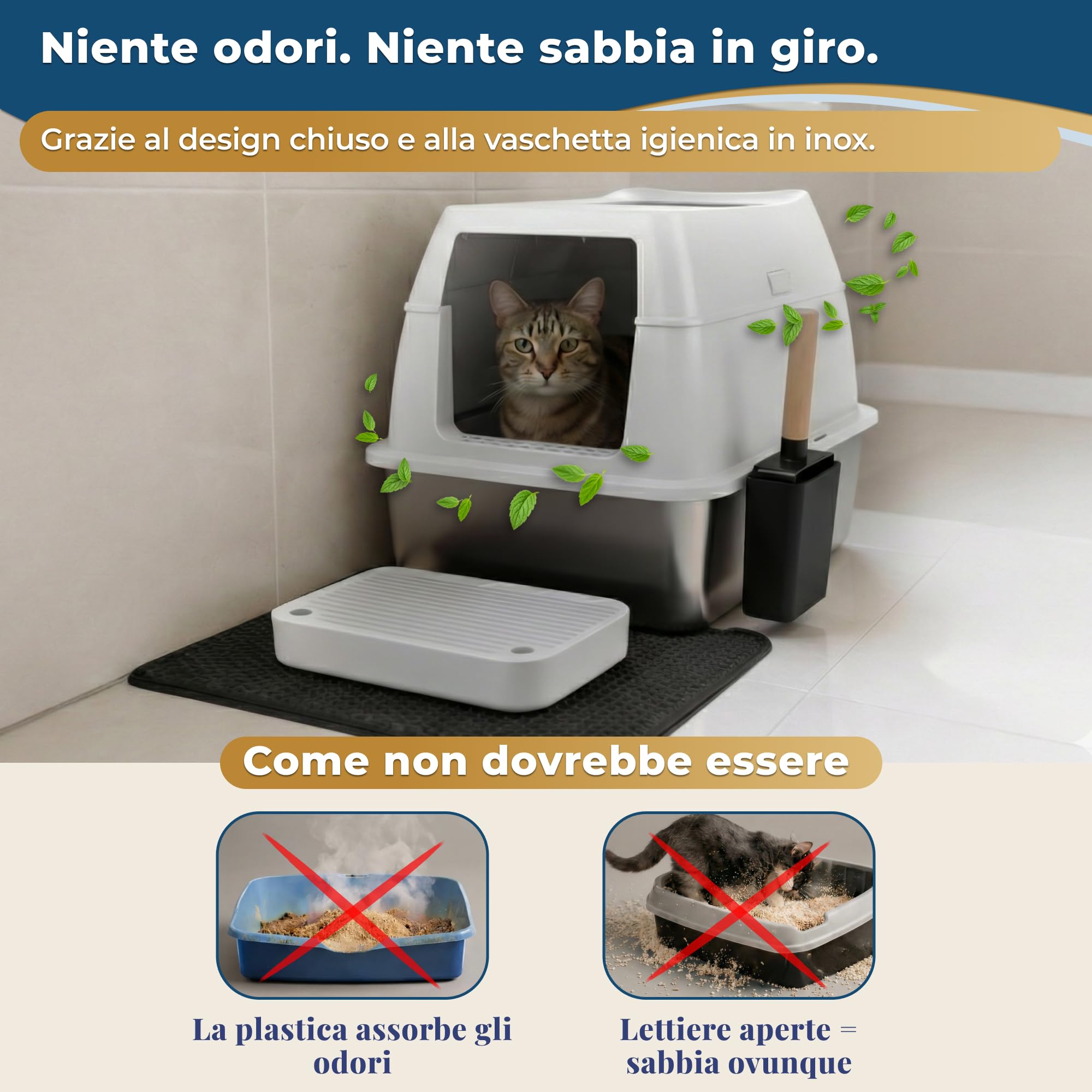 Lettiera per gatti XXL in acciaio inox con coperchio – Toilette chiusa a doppia entrata con gradino, paletta e tappetino – Facile da pulire, anti-odore, per gatti grandi - Beige