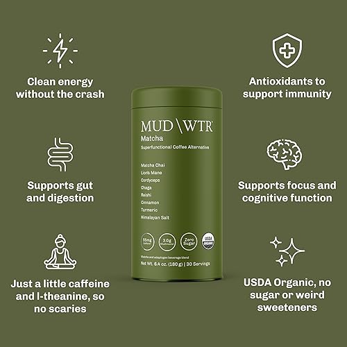Miniatura 3 de MUDWTR - Polvo de matcha de hongos  3,000 mg de hongos adaptogénicos  Mezcla de polvo de matcha japonés  Orgánico USDA  Apoyo de energía, enfoque e