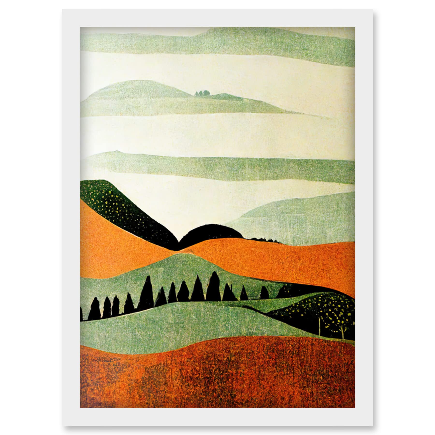 Doppelganger33 LTD Abstract Eclectic Tangerine And Olive Nature Landscape Linocut Minimalism Drawing Artwork Framed Wall Art Print A4