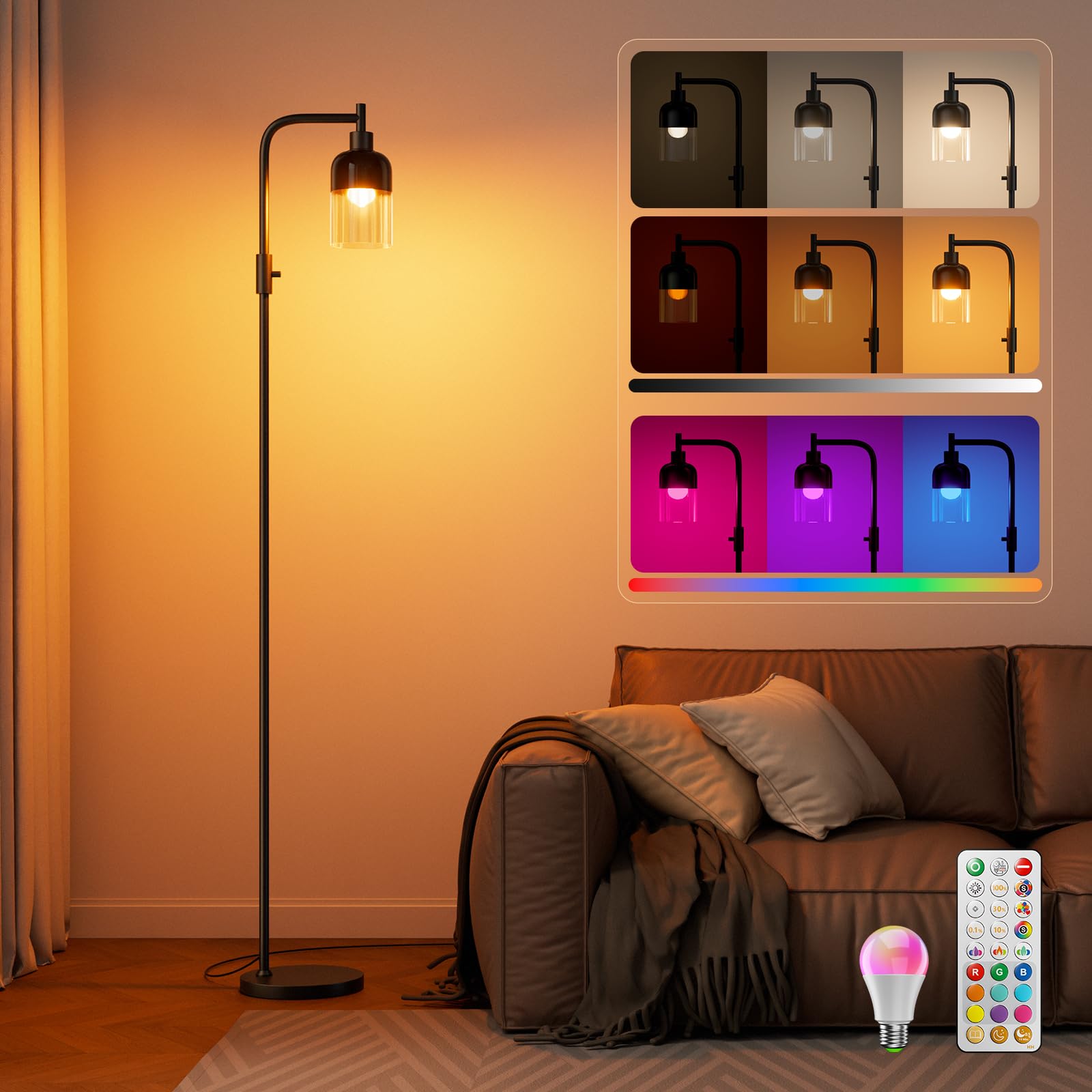 VARICART LED Industrial Arc Floor Lamp, RGB, Smoked Ribbed Glass Shade