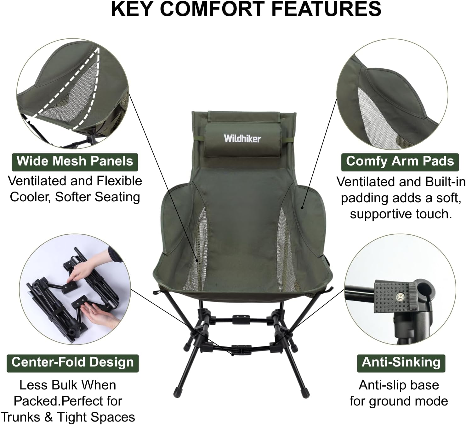 Wildhiker Compact High Back Camping Chair - Foldable with Dual Sitting Modes, Pillow, Arm Pads and Side Pockets - Lightweight Portable Chair for Motorcycle, RV, Festival, Travel - Green - Image 7