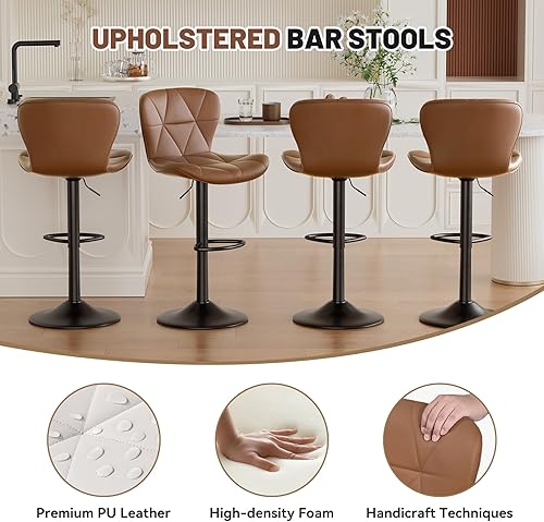 Miniatura 5 de Juego de 2 taburetes de bar, modernos taburetes de bar giratorios ajustables de piel sintética, sillas de altura de mostrador con respaldo y