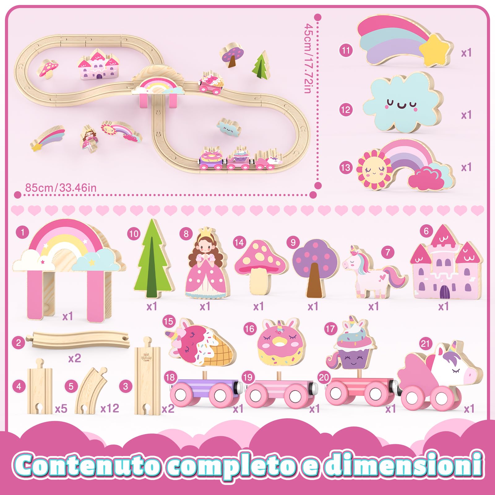 Lehoo Castle Trenino Legno, Pista in Legno per Bambini, Unicorno Bambina Regalo, Trenino Giocattolo