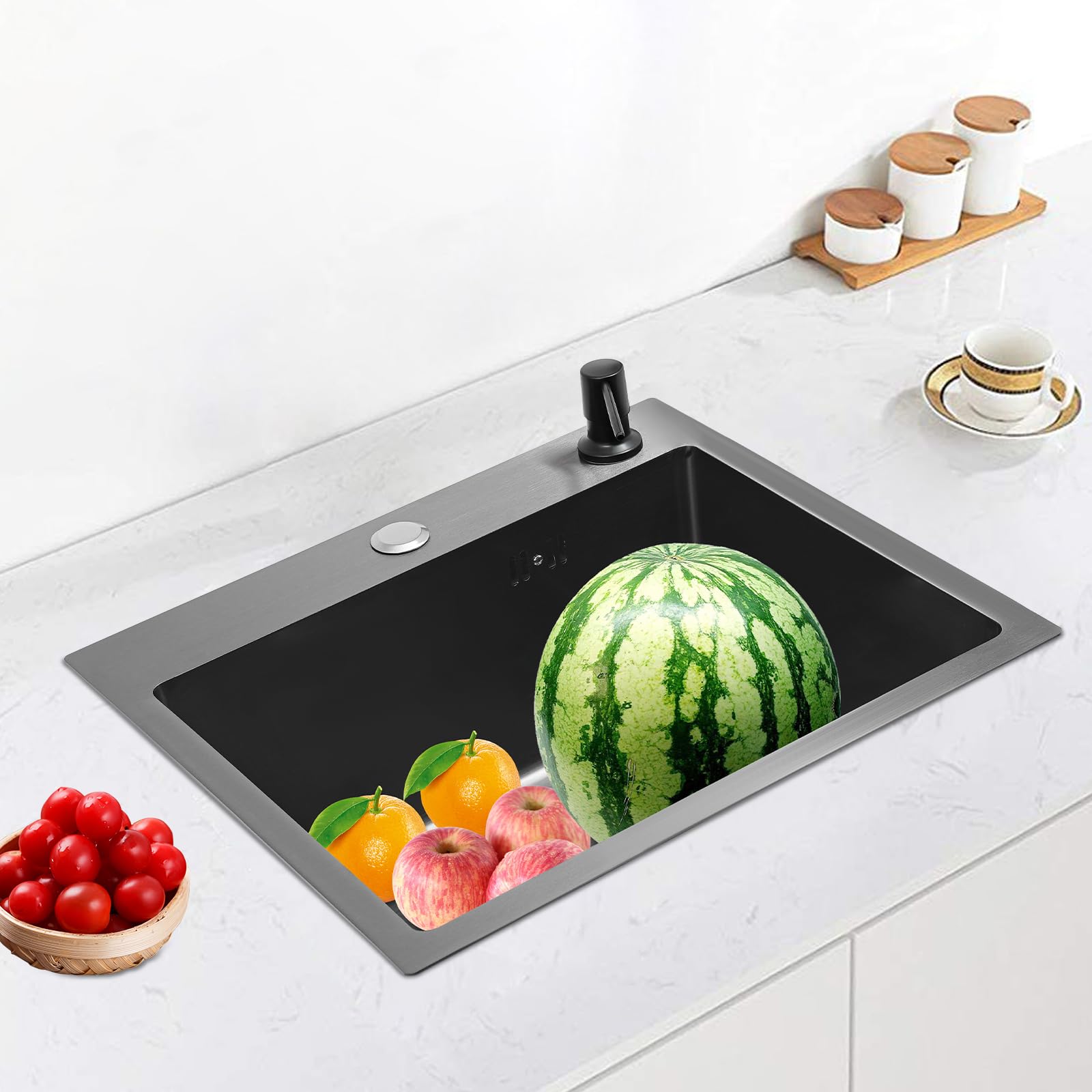 Fregadero de cocina negro, 1 lavabo, fregadero empotrable, rectangular, fregadero de cocina, fregadero pequeño, fregadero de acero inoxidable con escurridor, dispensador de jabón