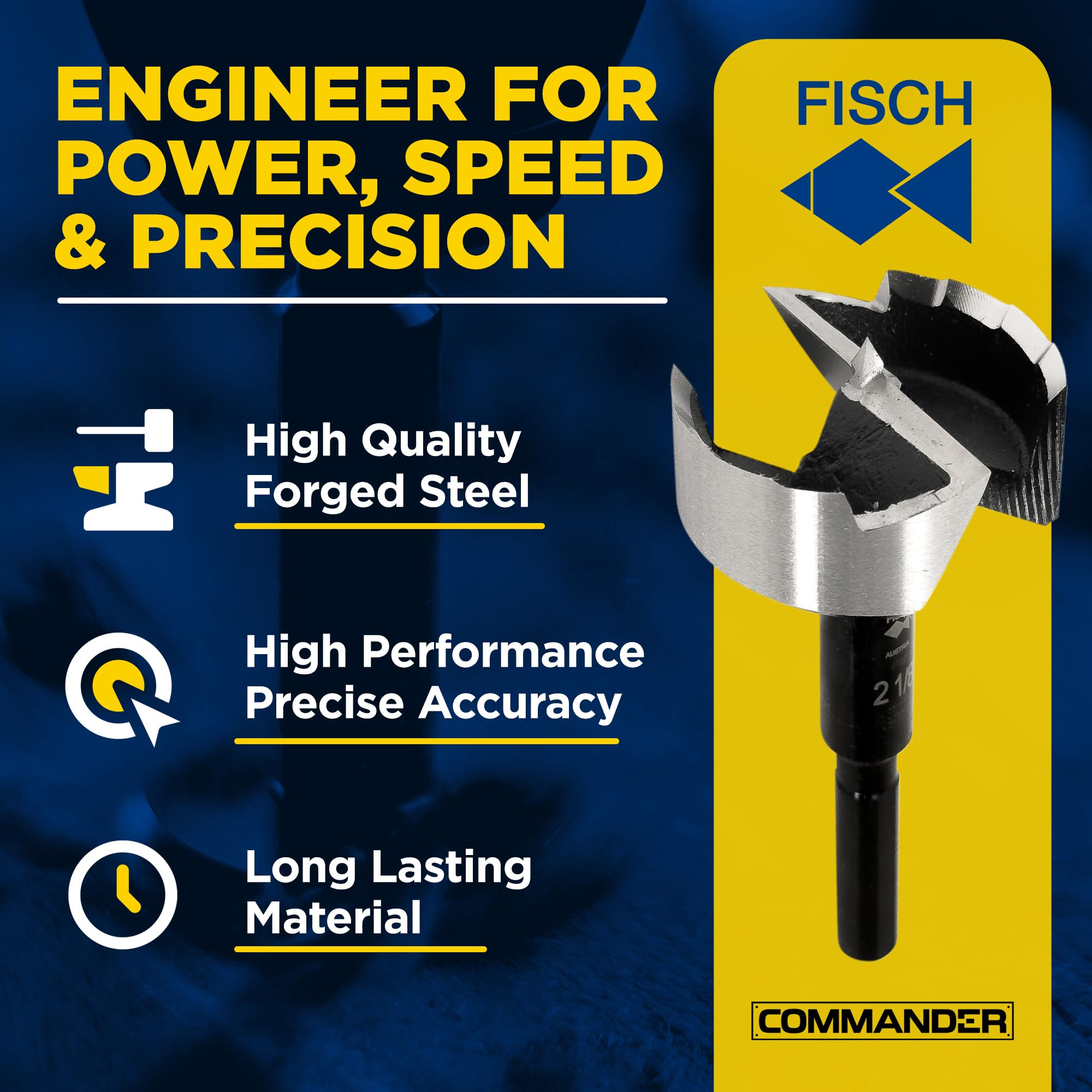 Fisch FSA-367208 - Set di 16 punte per trapano Forstner a forma di squalo nero, scatola in legno, con punte da 1/4" fino a 2-1/8", in acciaio forgiato realizzato in Austria