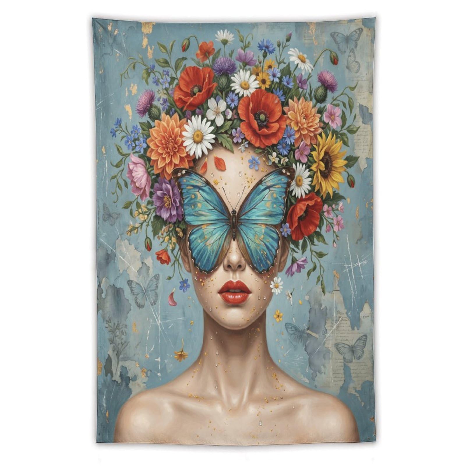 W7C8U2X3 Butterfly Woman Pastel Floral Wall Tapestry, Oil Painting Style