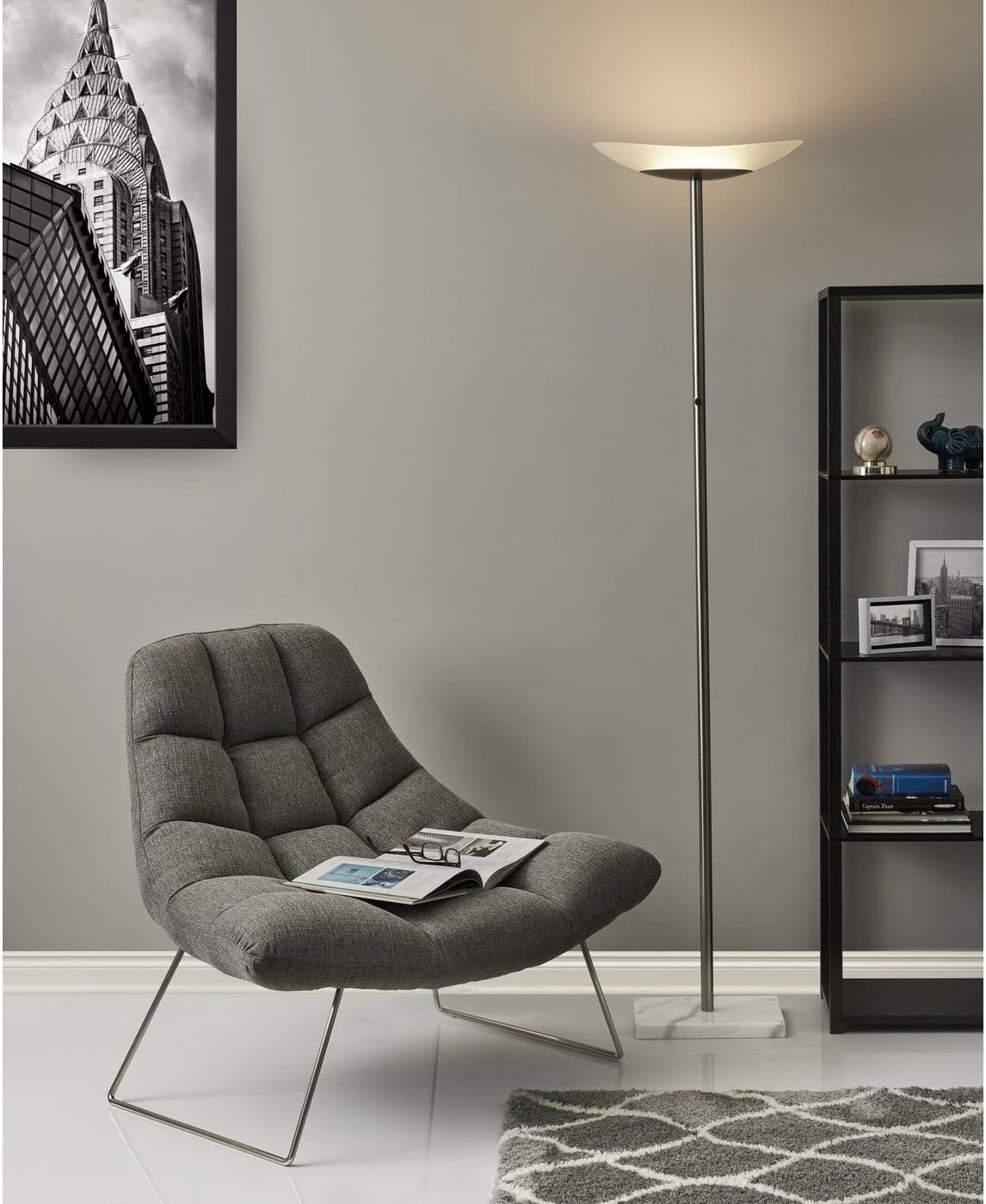 Adesso Bartlett, Accent Chair, Light Grey Soft Textured Fabric, Brushed steel leg frame