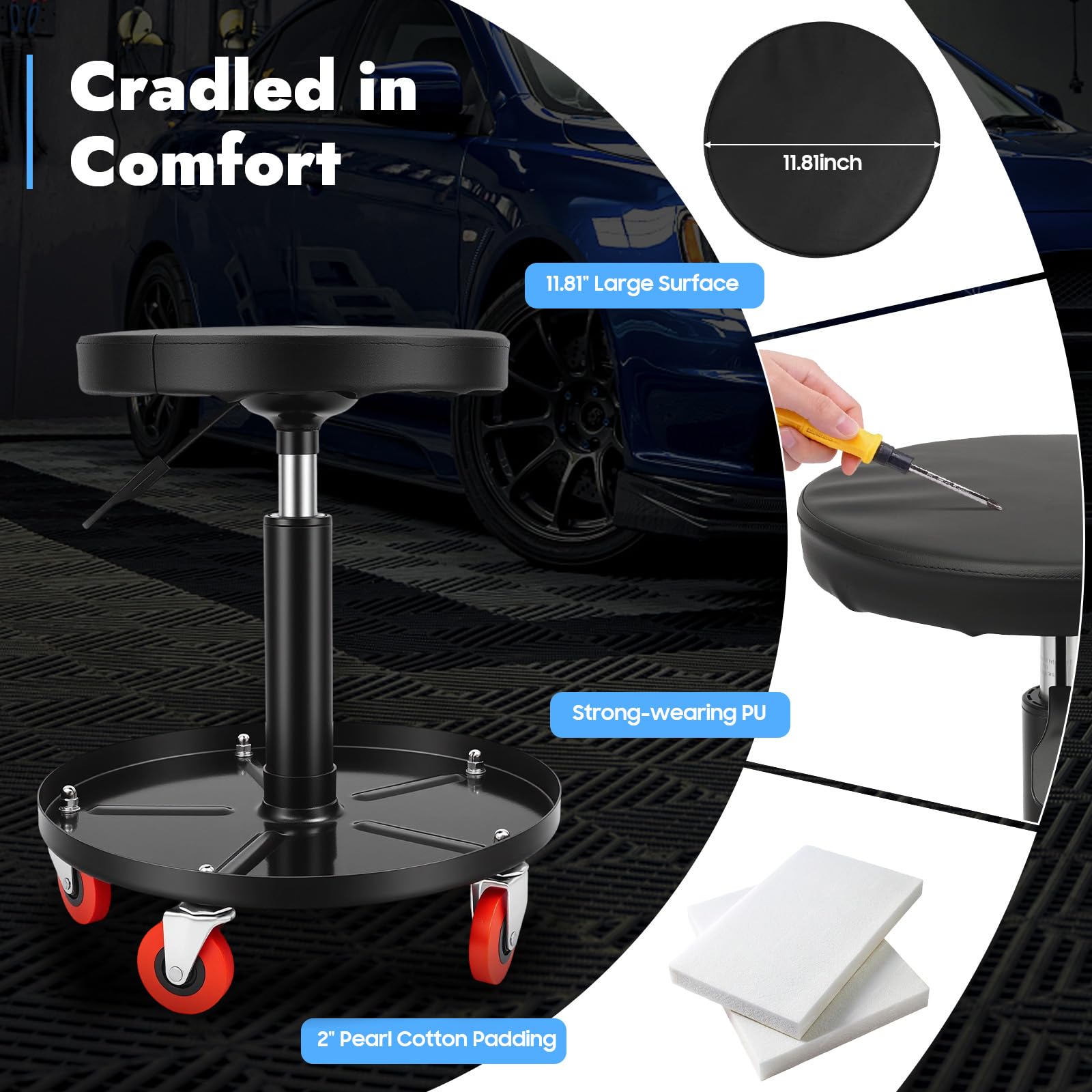 Asiento de taller, taburete de taller con ruedas, bandeja de almacenamiento, rotación de 360°, altura ajustable para reparación de coches, mantenimiento, tiendas, oficinas