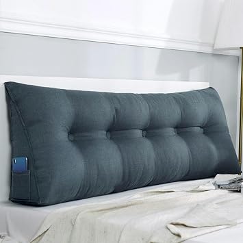 Linen Wedge Headboard Pillow,Large Bolster Triangular Headboard Reading Pillow,Solid Color Positioning Bed Rest Cushion Daybed Backrest with Removable Cover, Blue1