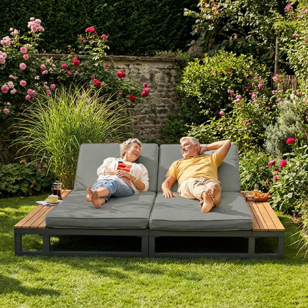 Gray Outdoor Patio Daybed Linke Seite Waterproof Sun Lounger Multifunctional Sofa Bed with Shelves Adjustable Backrest for Terrace Garden Balcony Relax (Gray + Metal+Waterproof Fabric-2)