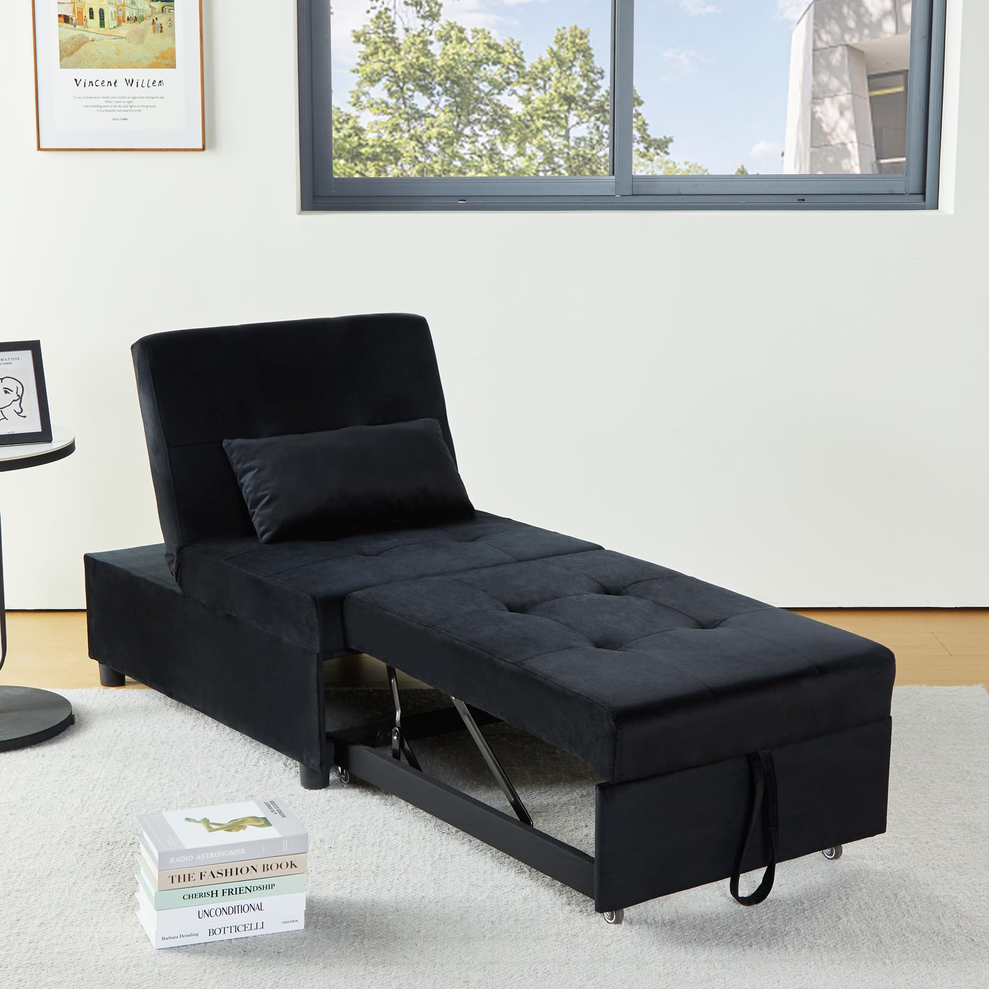 4-in-1 Convertible Chair Bed Sleeper, Velvet Pull Out Sofa Bed Chair with Adjustable Backrest, Small Ottoman Single Bed for Home Living Room (Black)