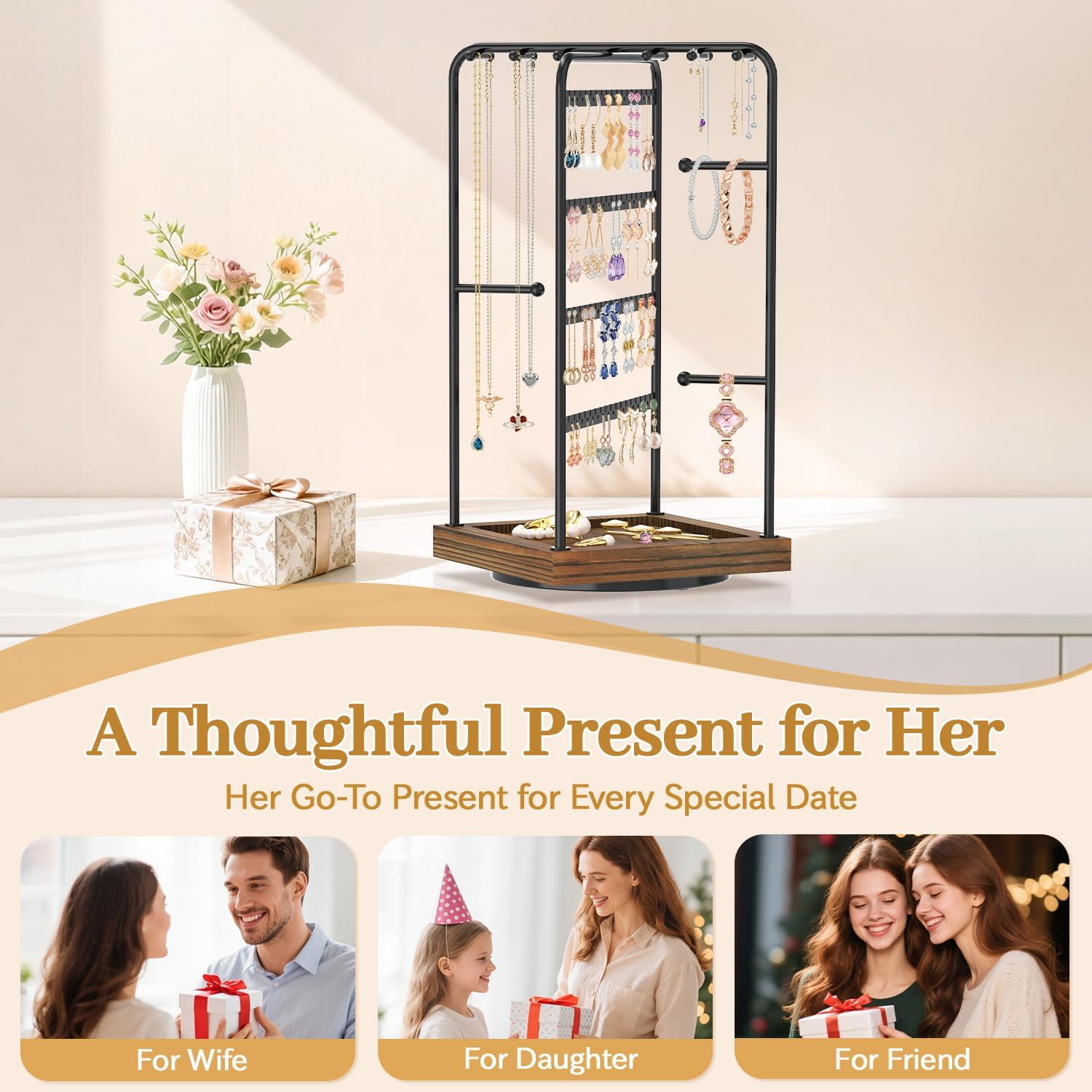 MODOWEY Earring Necklace Holder Organizer Jewelry Stand, Wood Rotating Display Tree for Vendor Selling, Tiered Tower Rack for Pierced Stud Bracelet 90+ Pieces Storage, Easy Access for Women, Black - Image 5