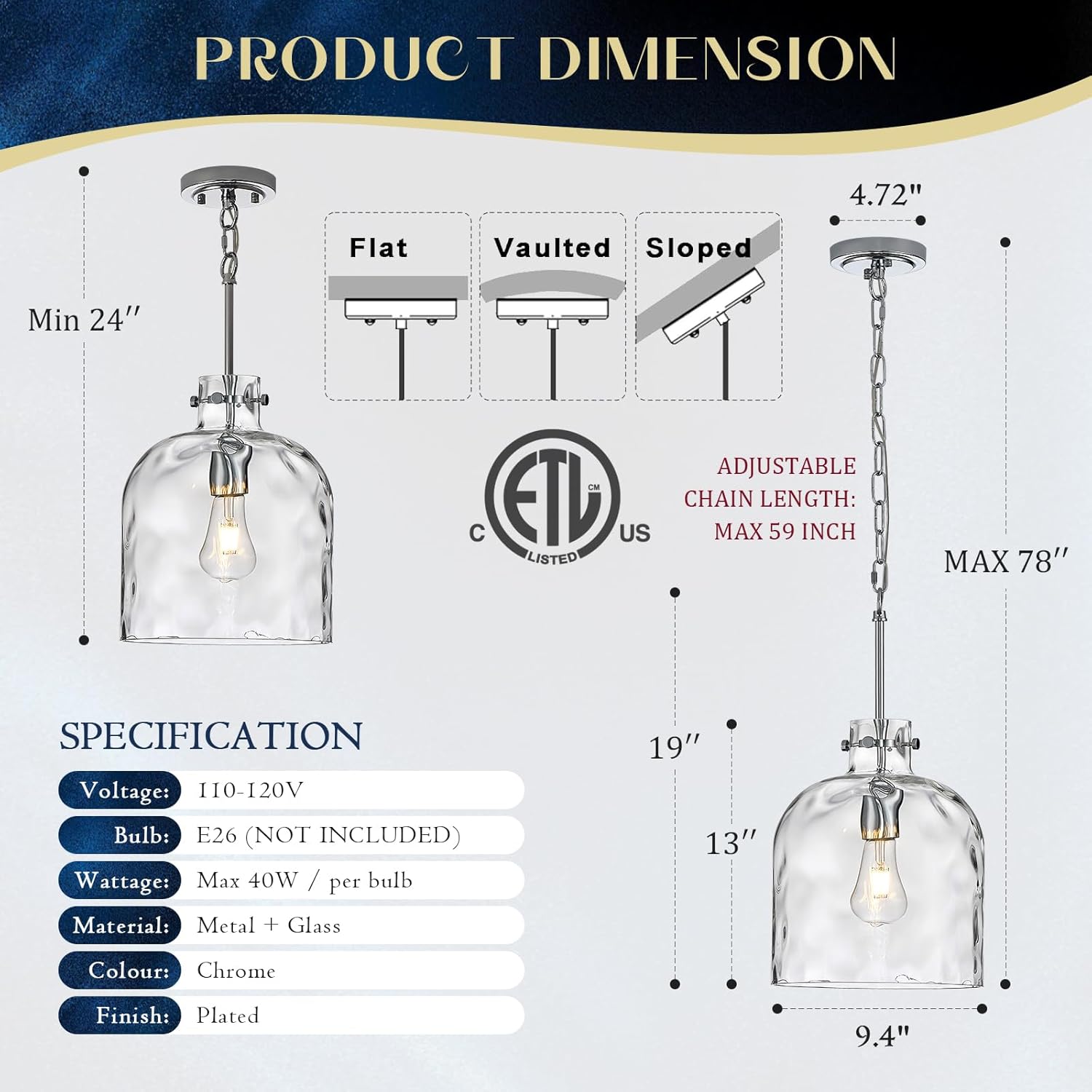 chrome pendant light for kitchen island – 10" modern glass dome hanging light fixture, single e26 ceiling pendant lamp for dining room, hallway, bedroom chrome-medium