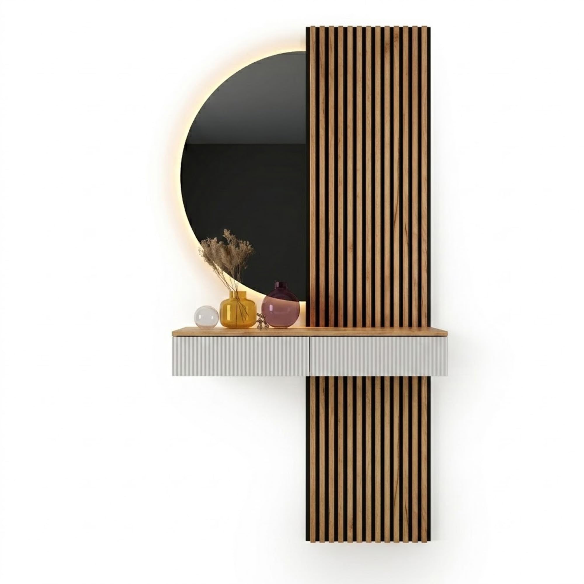Planetmöbel Flurgarderobe Set Konsolentisch 100 cm inkl. Spiegel mit Beleuchtung halbrund 50 x 100 cm, 2X Akustikpaneele 120 x 50 cm, Flur Möbel modern, Gold Eiche/weiß