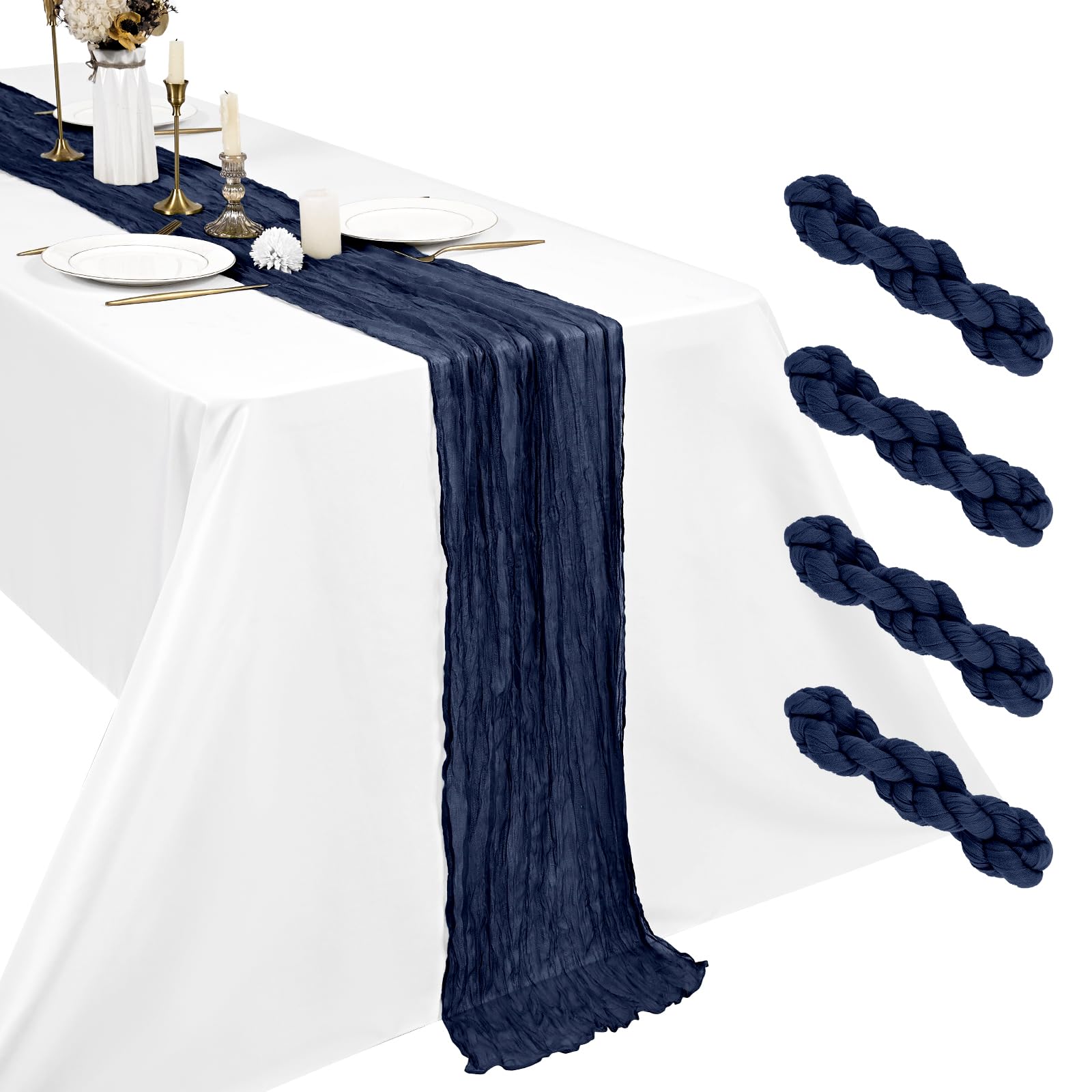 4 Pack Navy Blue Cheesecloth Table Runner, 17.7 x 108 inch Boho Gauze Table Runner 45x275 cm Rustic Romantic Long Table Runner for Wedding Party Bridal Shower Christmas Decoration