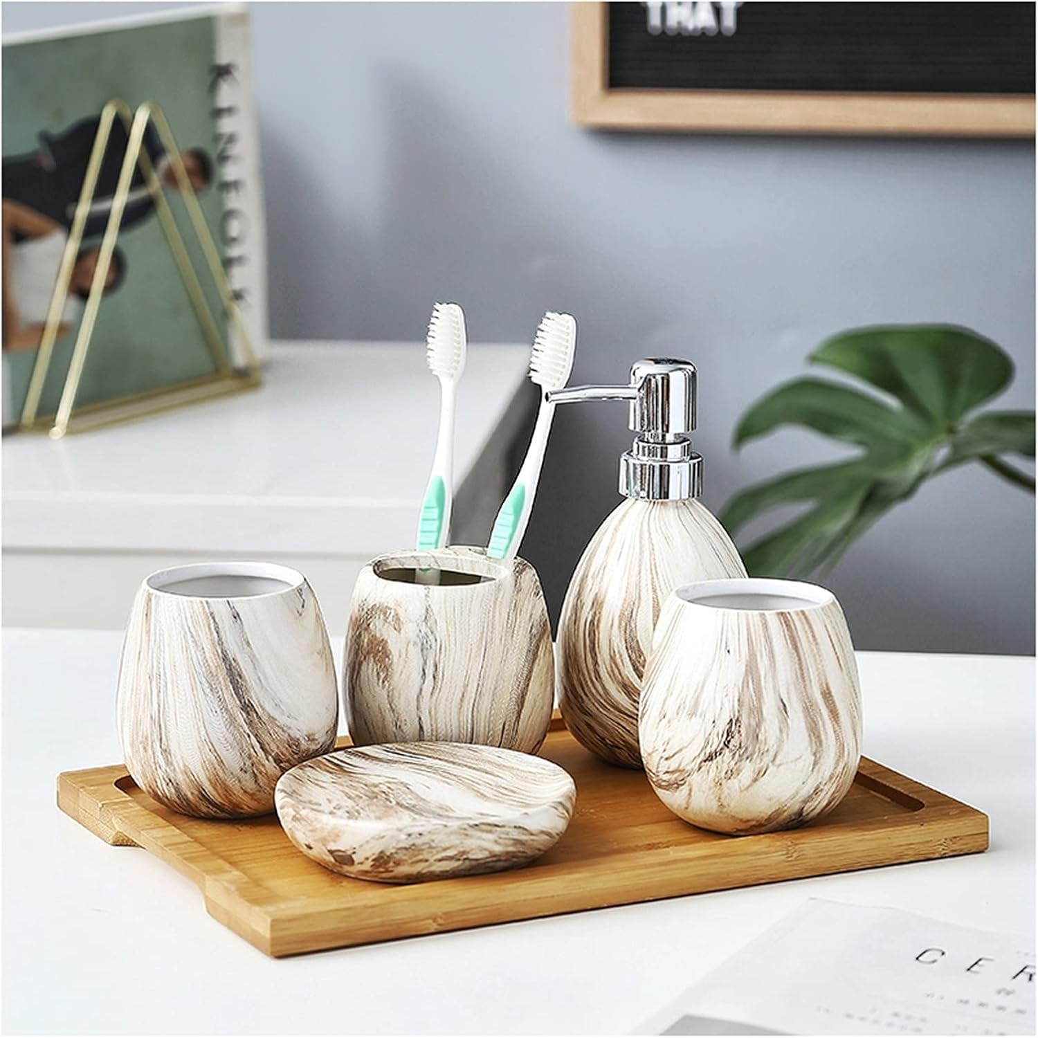 Soap Dispenser Ceramic Bathroom Set Couple Wash Cups Six-Piece Bathroom Set with Soap Dispenser/Toothbrush Cup/soap Dish/Tray/mouthwash Cup Liquid soap Dispenser (Color : Gris), 20010125