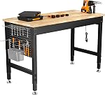 CAMMOO 60" Adjustable Heavy Duty Workbench, 2000 LBS Load Capacity Rubber Wood Work Table with Pegboard, Power Outlets, Work Bench for Garage, Workshop, Office, Home, Commercial
