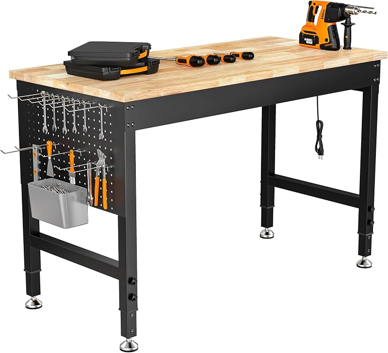Banco de trabajo ajustable de 48", carga máxima de 2000 libras, tablero perforado y regleta | Mesa de madera de caucho, para garaje, taller, hogar