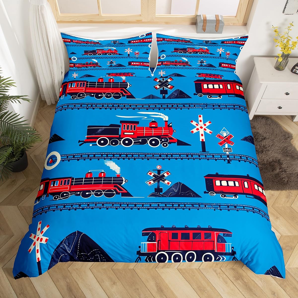 Homewish Chłopcy pociąg super king poszewka na kołdrę kreskówka samochód maluch zestaw pościeli, transport drogowy tor poszewka na kołdrę dla dzieci nastolatków czerwony niebieski silnik parowy