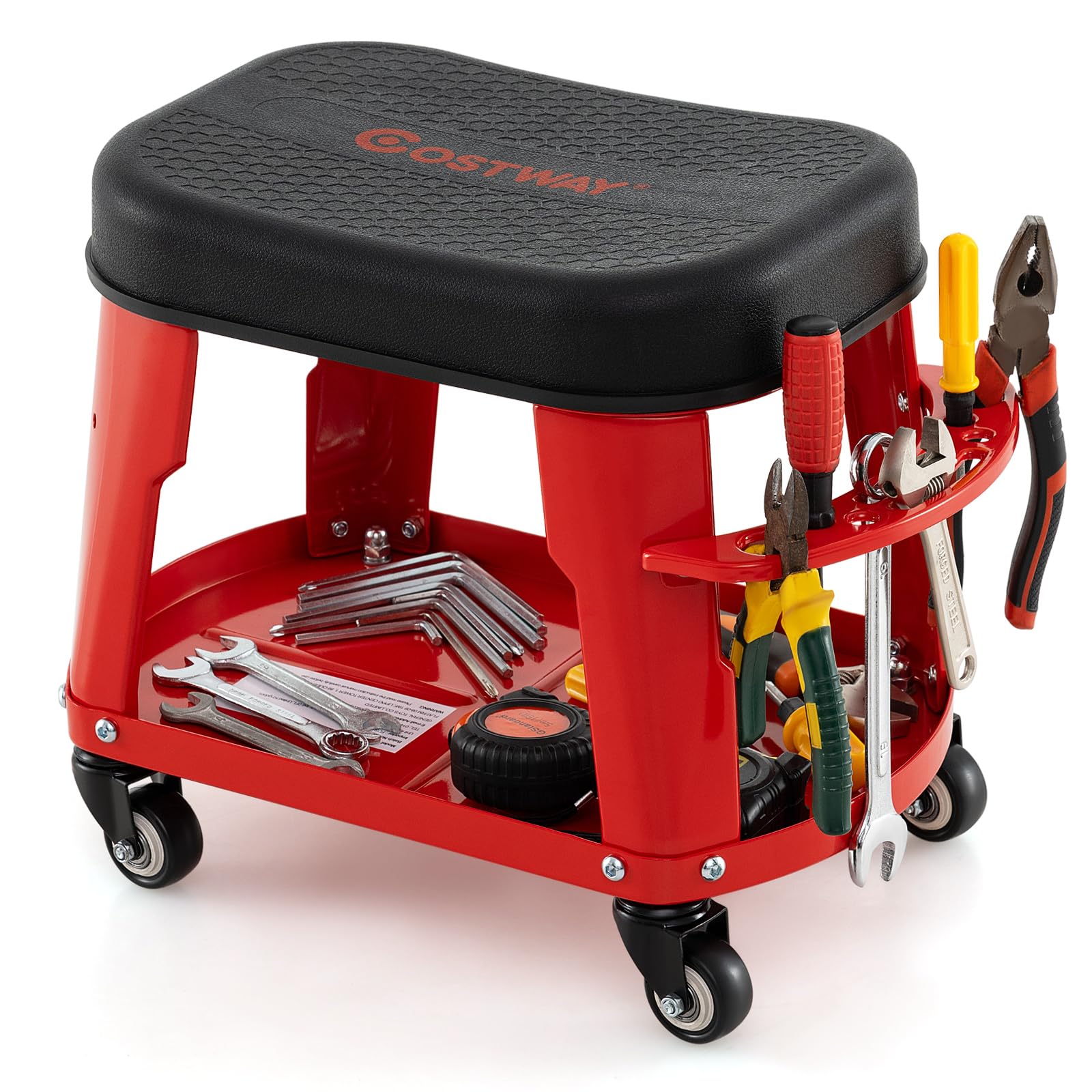 COSTWAY Rolling Mechanic Stool, Creeper Stool Trolley with Tool Tray, Tool Holder, Detachable Seat and 4 Universal Casters, 136kg Capacity Heavy Duty Garage Workshop Seat Chair (Red)