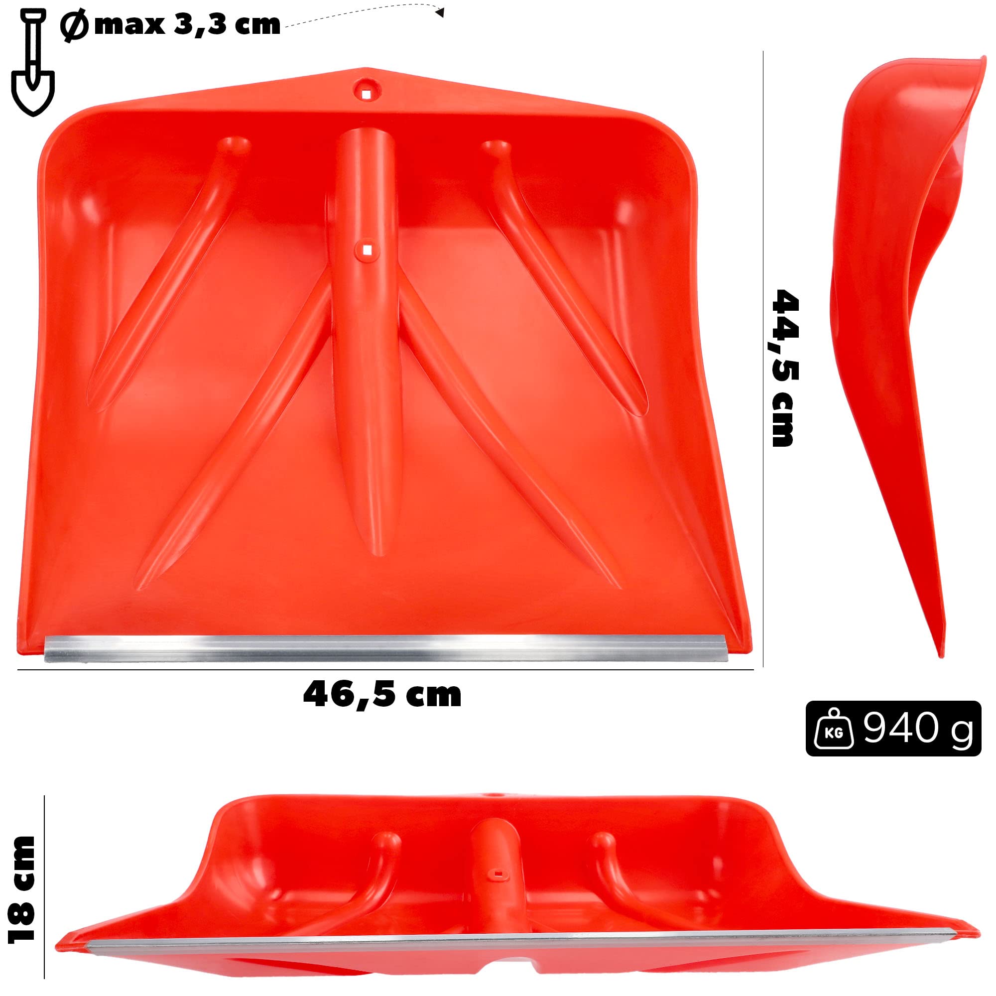 KADAX Pelle à Neige Orange, Pelle à Neige sans Manche, Pelle à Neige, Chasse-Neige avec Bord en Aluminium, Pelle à Neige en Plastique, Pelle à Neige (3, Largeur : 46,5 cm)