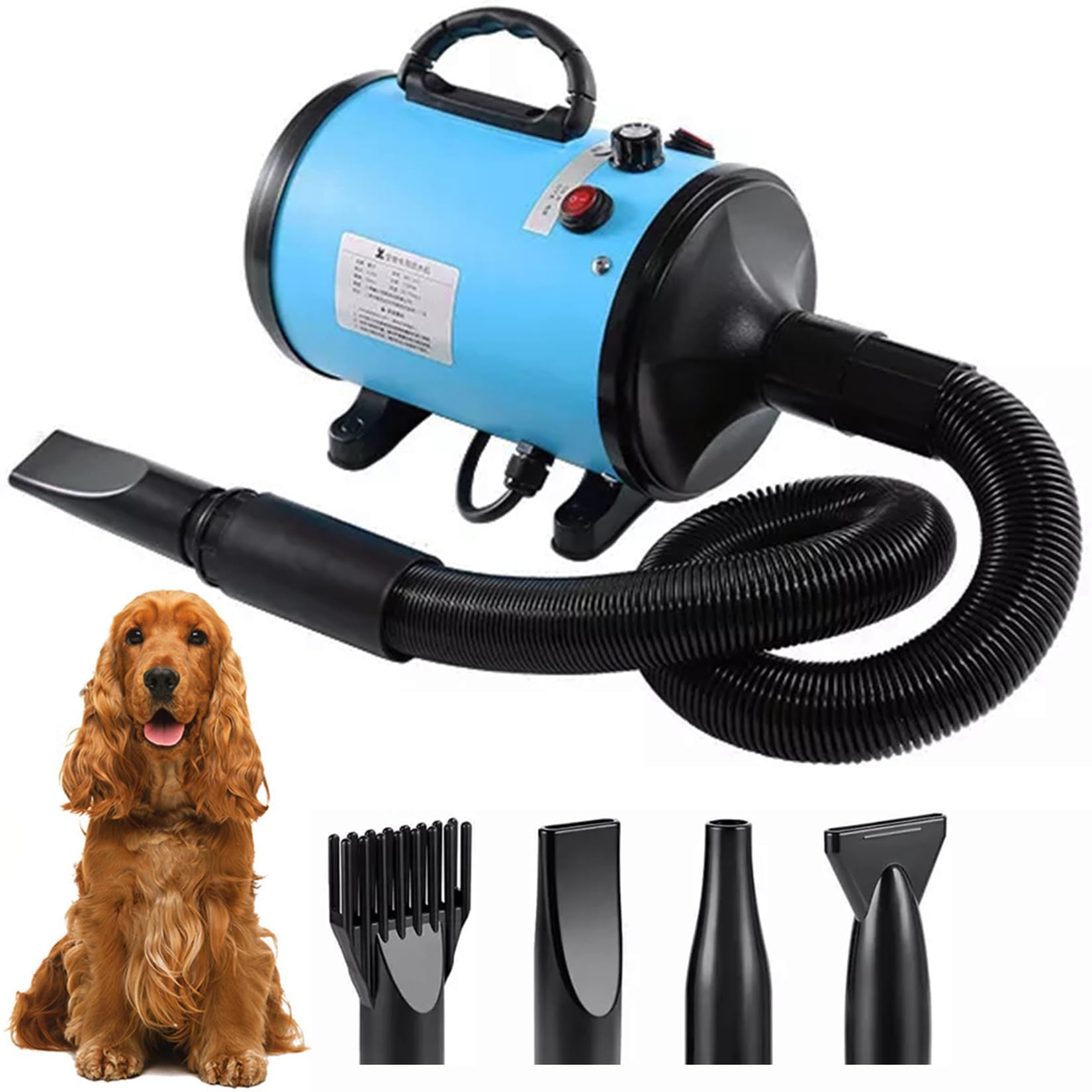 Memows Soffiatore per Cani Asciugacapelli per Cani 2800W Asciugacapelli per Toelettatura Animali velocità e Temperatura Regolabili Asciuga Cane con 4 Ugelli per Uso Privato e Professionale (Blu)