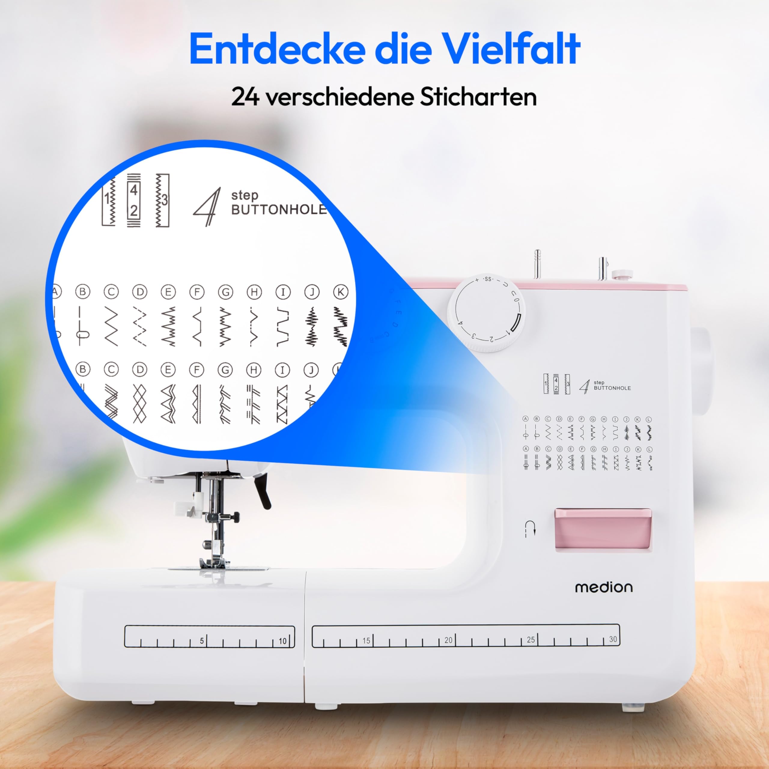MEDION Freiarm-Nähmaschine SM60 (60 Watt, 60 verschiedene Stichmuster mit Knopflöchern, LED Nählicht, automatischer Einfädler, Rückwärtstaste, Fadenschneider, MD10689) rosa