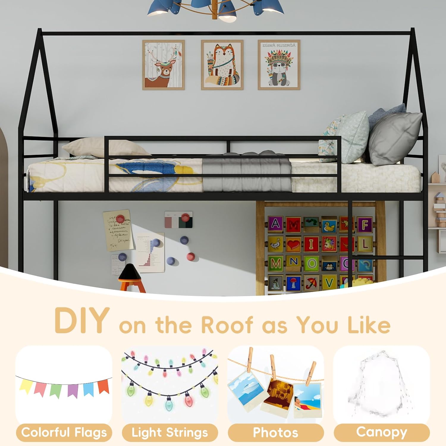 Metal Twin Over Twin Bunk Bed, Children's Bunk Bed, Noise Reduction, Safety Guardrail, No Need for Box Spring, Heavy Duty Bunk Beds Frame