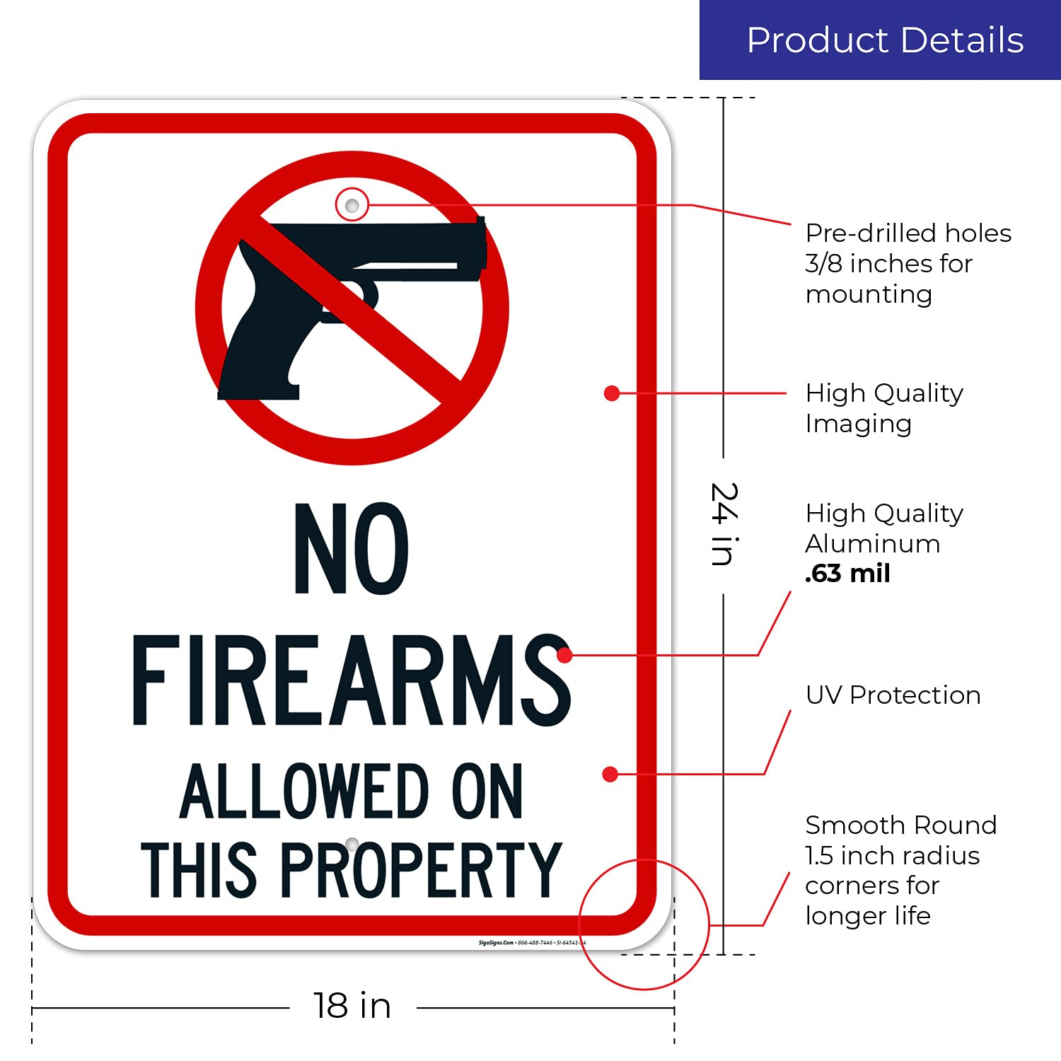 No Firearms Allowed On This Property with Symbol Sign, 18x24 Inches, Rust Free .063 Aluminum, Fade Resistant, Made in USA