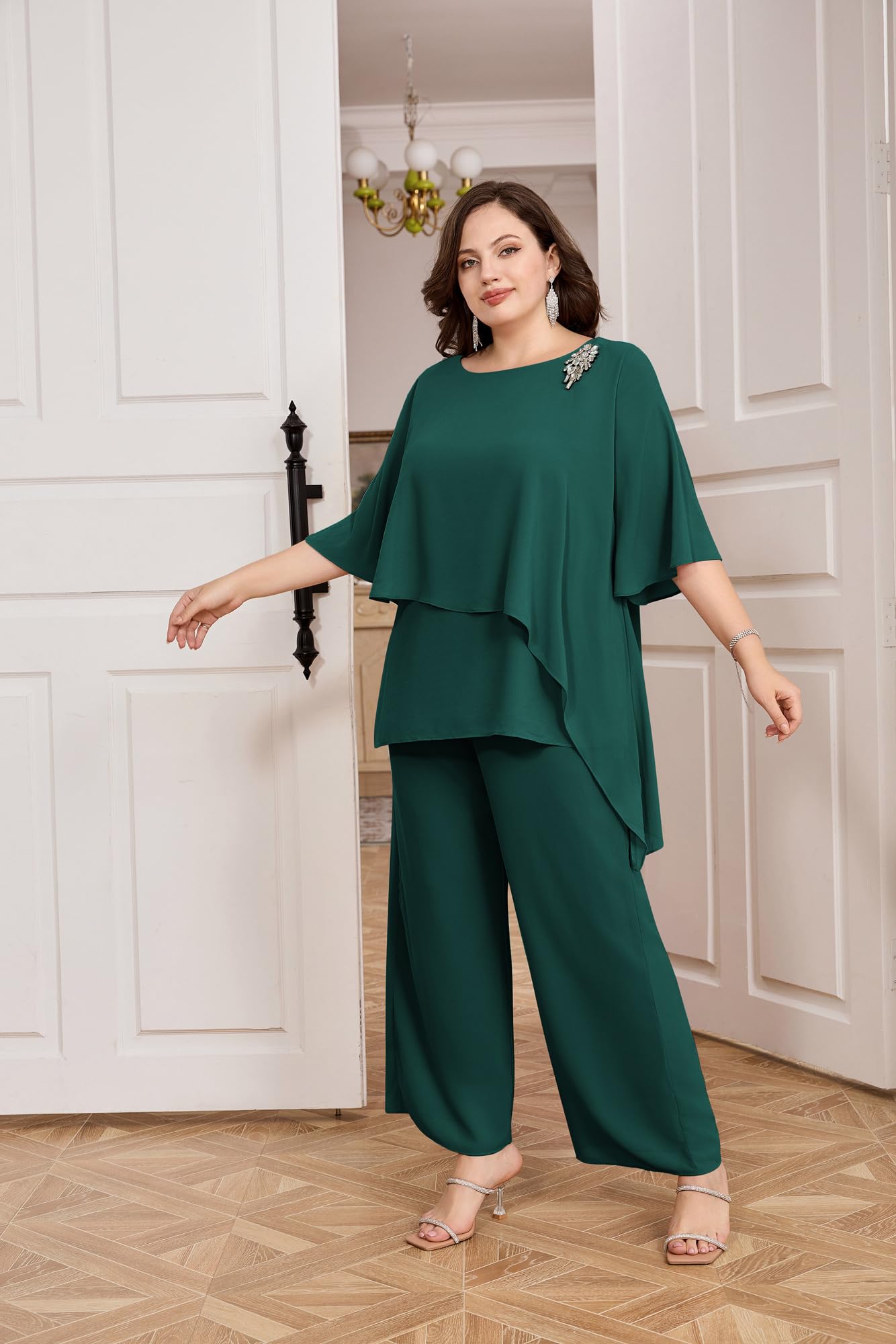 Hanna Nikole Conjunto elegante de traje de noche para mujer, talla grande, conjunto de 2 piezas, traje de cóctel, fiesta, pantalones festivos, camisa de gasa de dos piezas y pantalones de cintura alta