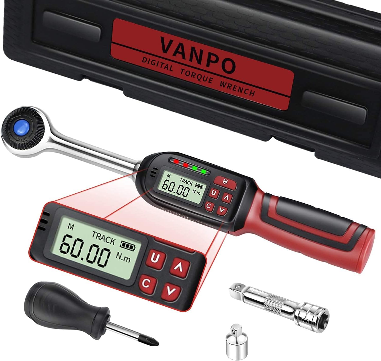 3/8-Inch Drive Digital Torque Wrench, Electronic Torque Wrench (2.2-44.3 ft-lbs./3-60Nm), Torque Wrench Set with Accurate to ±2%, Buzzer & LED Indicator, 1/4 Adapter, Extension Bar for Bike Moto