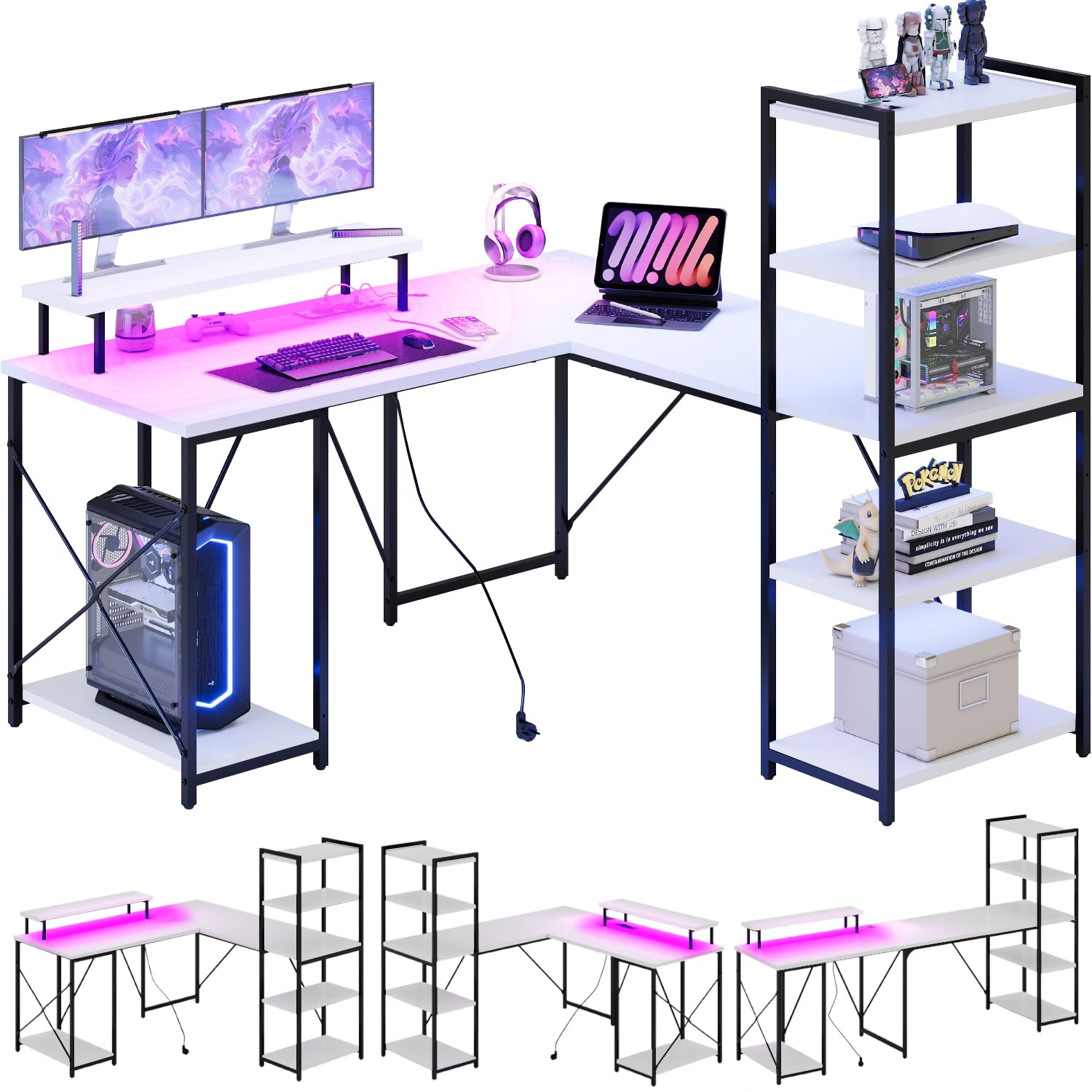 Devoko Escritorio de Esquina 150cm, Escritorio con Estante, Mesa LED Gaming con Soporte de Monitor,Escritorio de Esquina con Almacenamiento,2 Enchufes y 2 Puertos de Carga USB(150×150cm,Blanco)