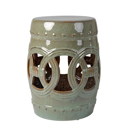 Balkene Home Large Medallion Ceramic Indoor Outdoor Garden Stool Table Perfect As Plant Pedestals, Flexible Seating Constructed of Fired Porcelain Ceramic - Olive Jade Green
