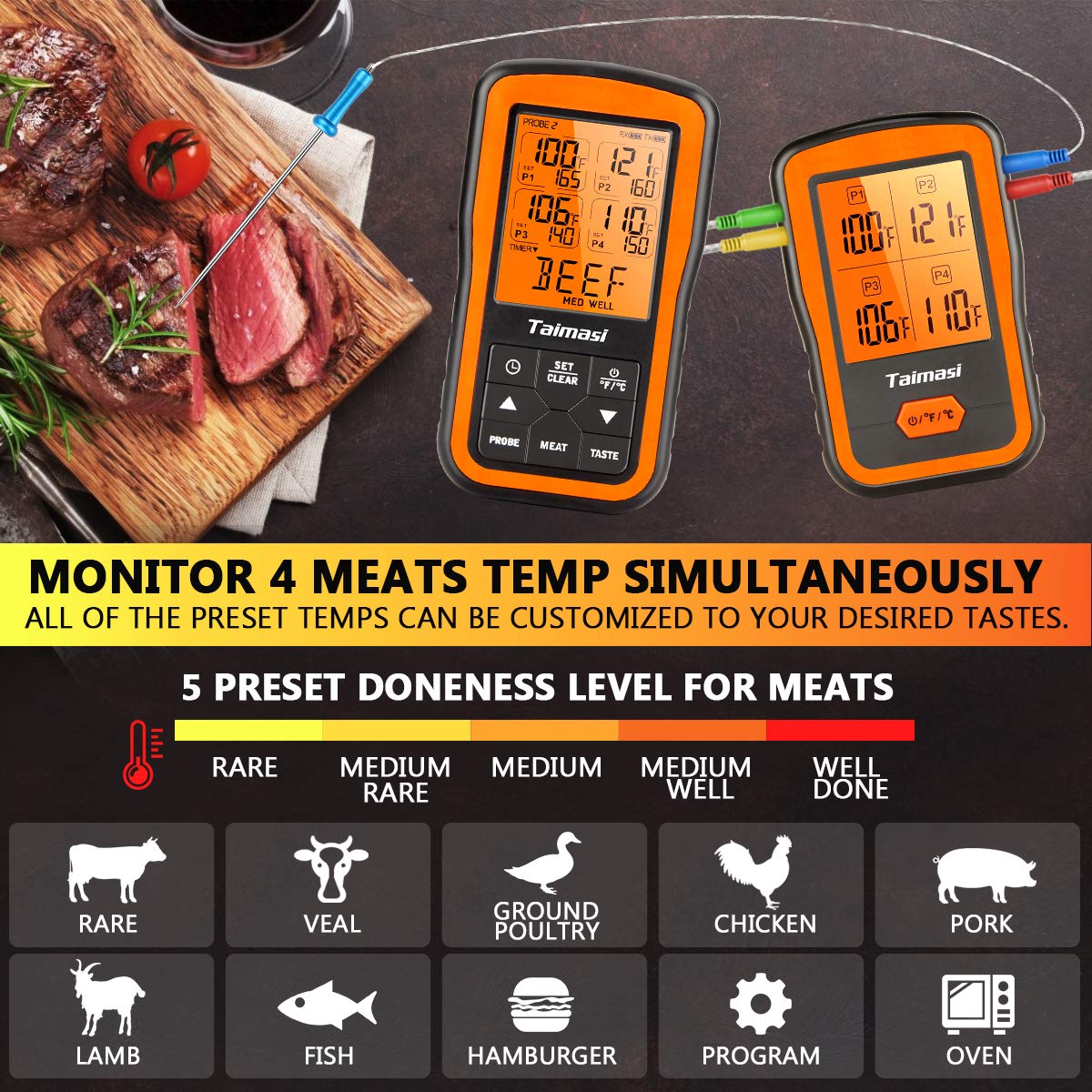 Wireless Digital Meat Thermometer with 4 Probes & Meat Injector, Upgraded 500FT Remote Range Cooking Food Thermometer for Grilling & BBQ & Oven & Kitchen