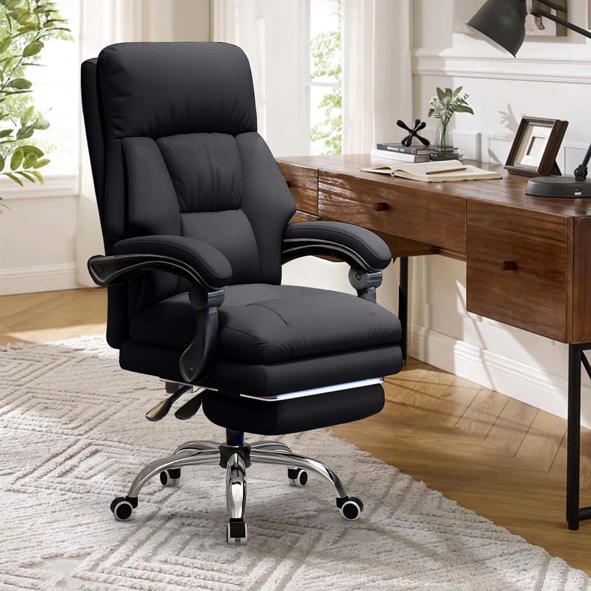 Silla de Oficina con Reposapiés, Silla de Oficina Ejecutiva de Respaldo Alto de Cuero con Ruedas, Sillas de Escritorio Ergonómicas con Soporte Lumbar para Oficina en Casa