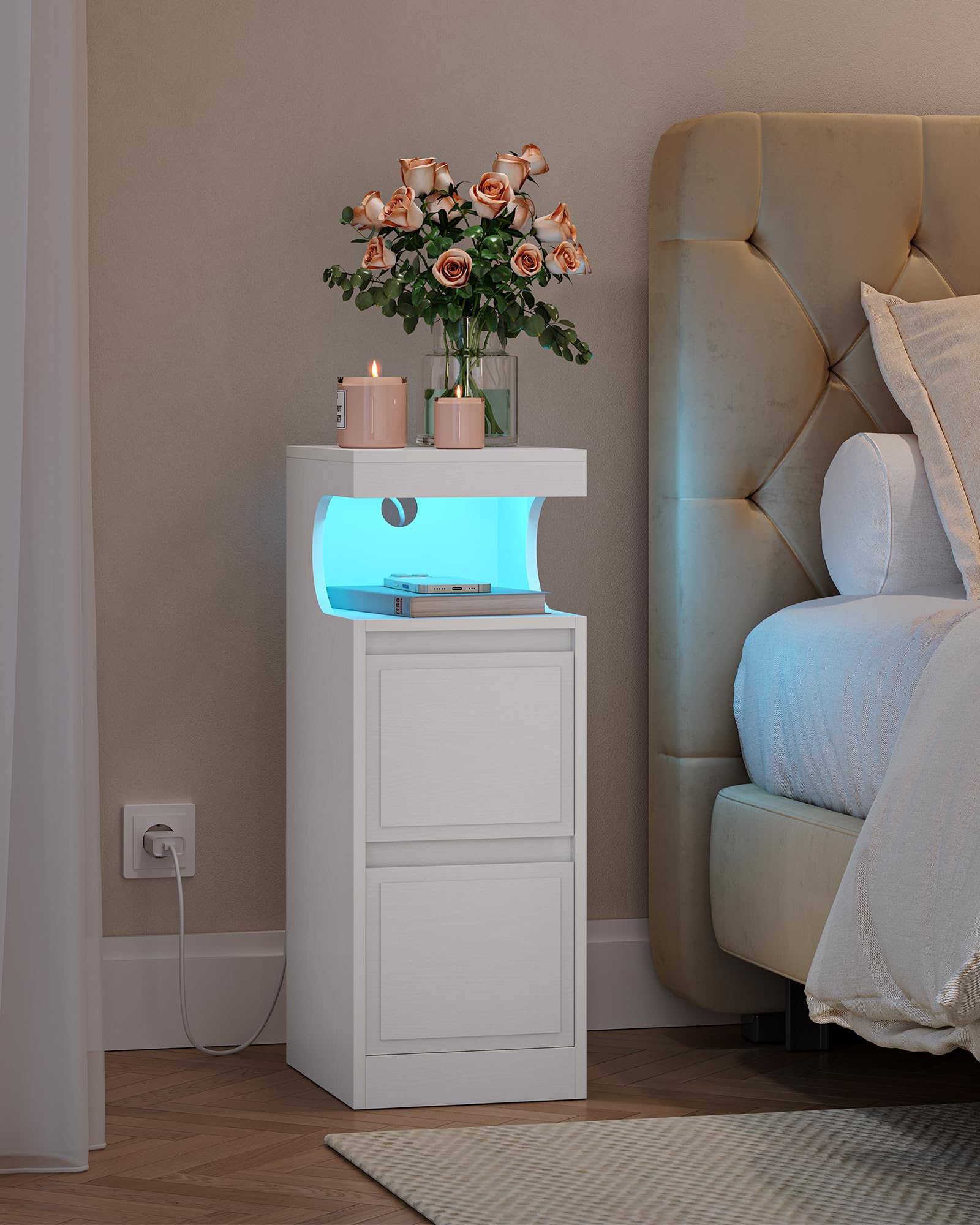 Hzuaneri Mesilla de Noche con LED, Mesas Auxiliares con 2 Cajones, Mesilla de Noche con Compartimento Abierto, luz Regulable, para Dormitorio, Salón, 30 x 24 x 65 cm Blanco NS39113X