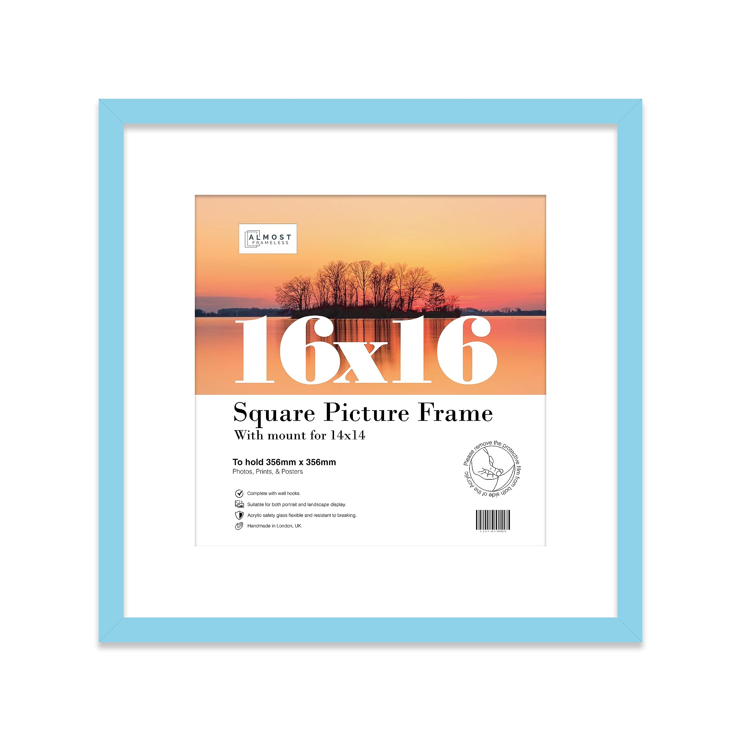 16x16 Light Blue Picture Frame with Mount for 14x14 Photos, Prints - Modern Square Wall Frame, 1 Pack