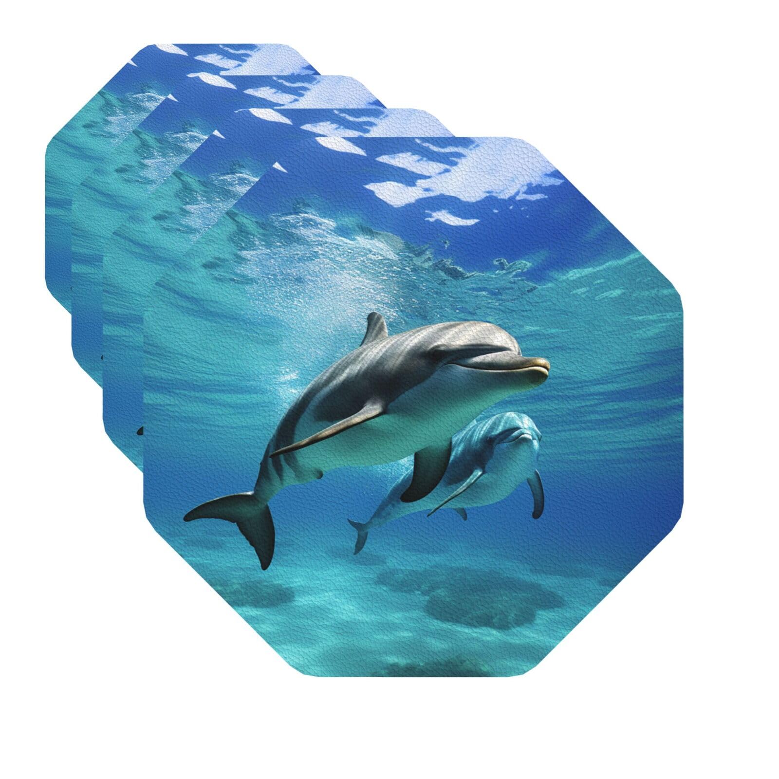 Mxzerfkgla Octagon Drink Coasters Set Of 4 Decorative Leather Coasters Marine Dolphin Coasters For Drinks Cups Mugs Mat Pads Absorbent Non-Slip Coasters For Coffee Table Kitchen Bar Home Decor