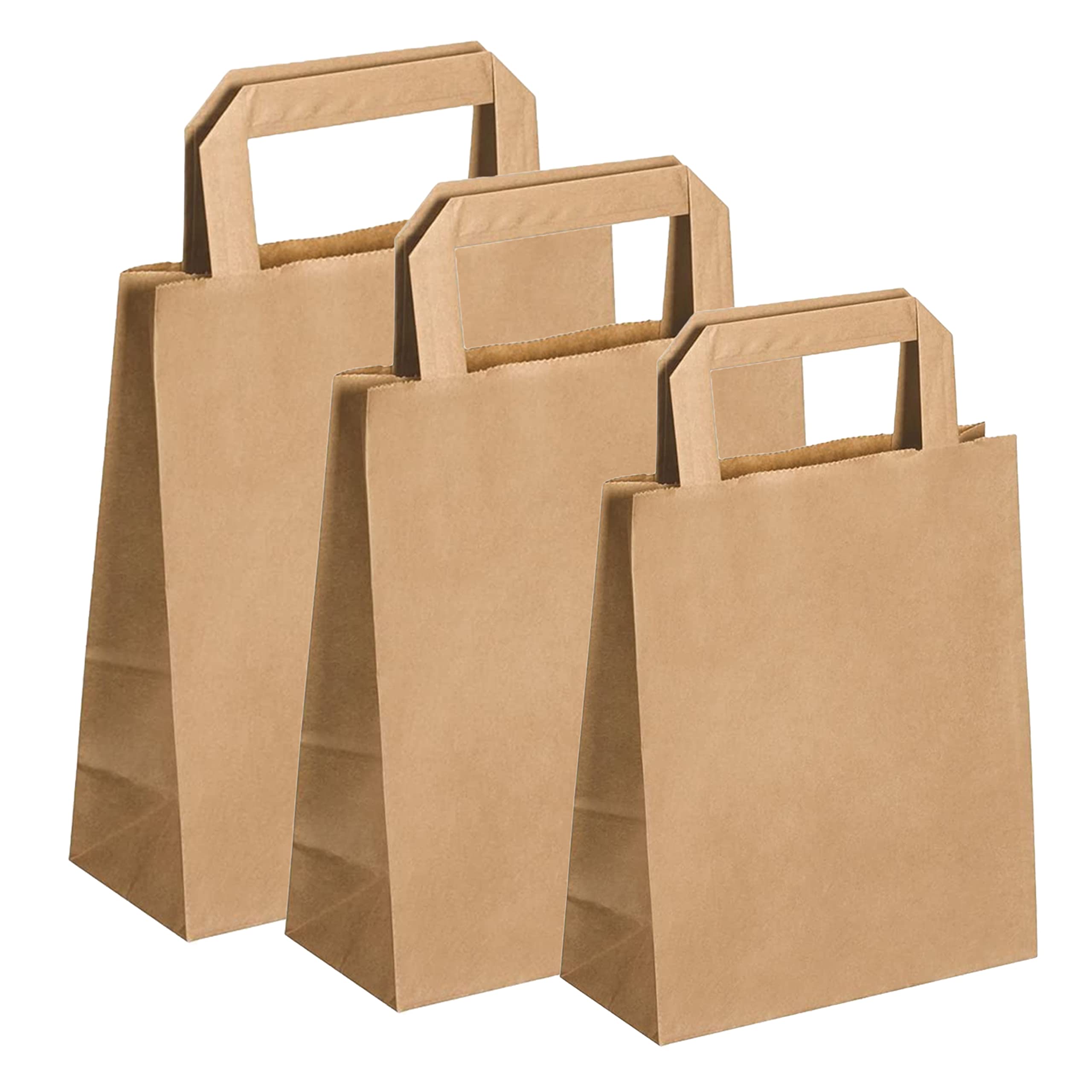 JeCo - Lot de 100 Sacs Cabas en Papier Kraft Brun avec poignée Plate 220 x 100 x 280mm 6 litres résistant Papier 80g/m² Sac Marron Havane Vente à emporter Emballage Commerce Sac Cadeau