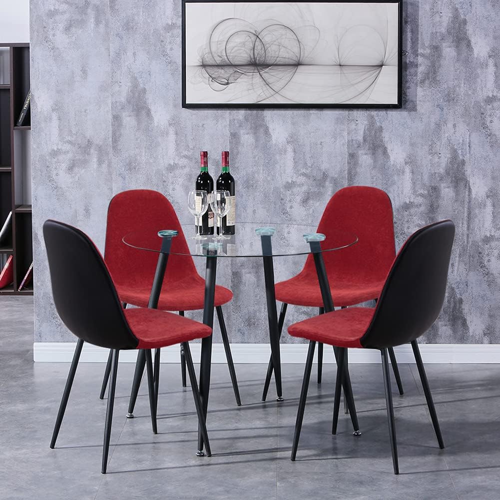 GOLDFAN Round Dining Table and 4 Chairs Modern Glass Kitchen Table and Fabric Velvet Chairs