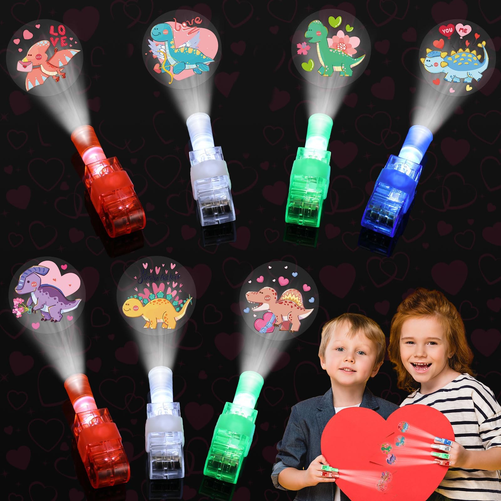 Valentine's Day Gifts for Kids, 80 Pcs Valentine Day LED Light up Finger Light Heart Shaped Dinosaur Pattern Glow in the Dark Finger Light Bulk for Classroom Prize Gift Exchange Party Favor