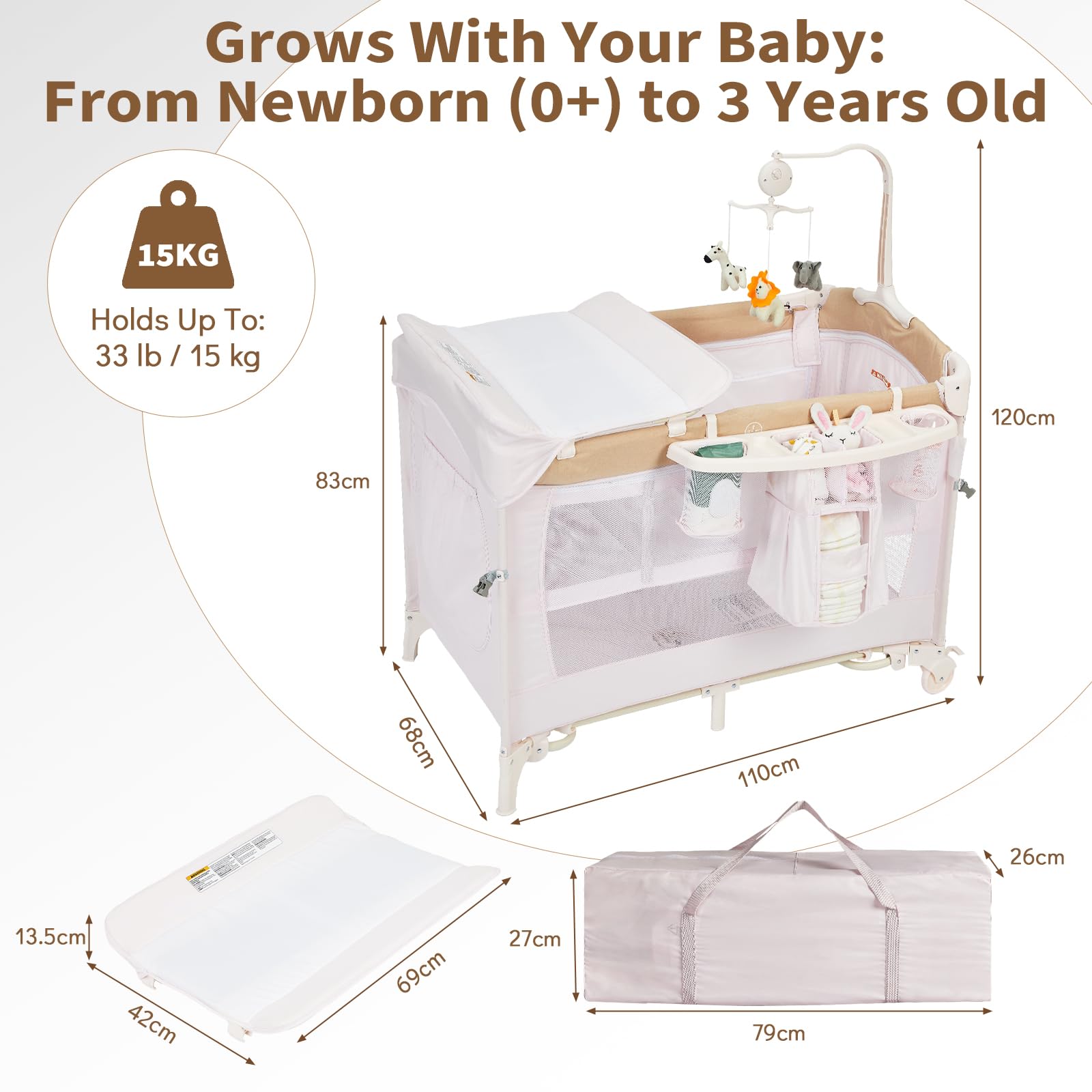 5-in-1 Baby Beistellbett Mit Rollen Klappbar – Vielseitiges Babycenter Als Reisebett, Laufstall, Wickeltisch & Wiege – Inklusive Matratze, Tragetasche, Musikspiel Und Mobile – Bis 15 kg – Rosa